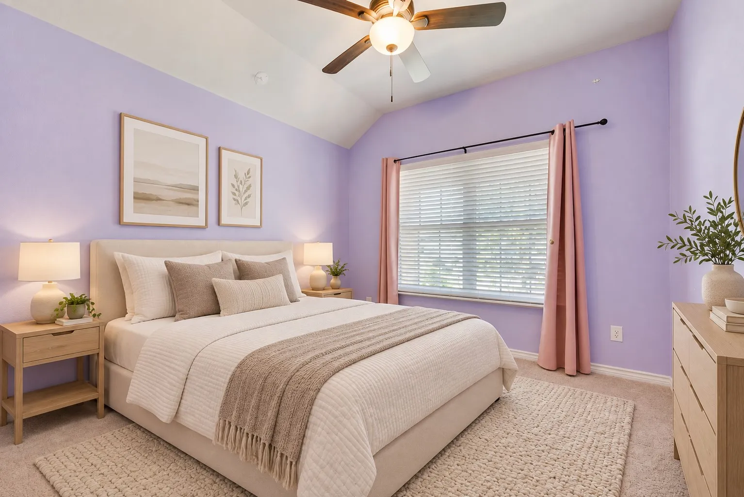 Vaulted ceiling with a ceiling fan, window with blinds, and wall-to-wall carpeting