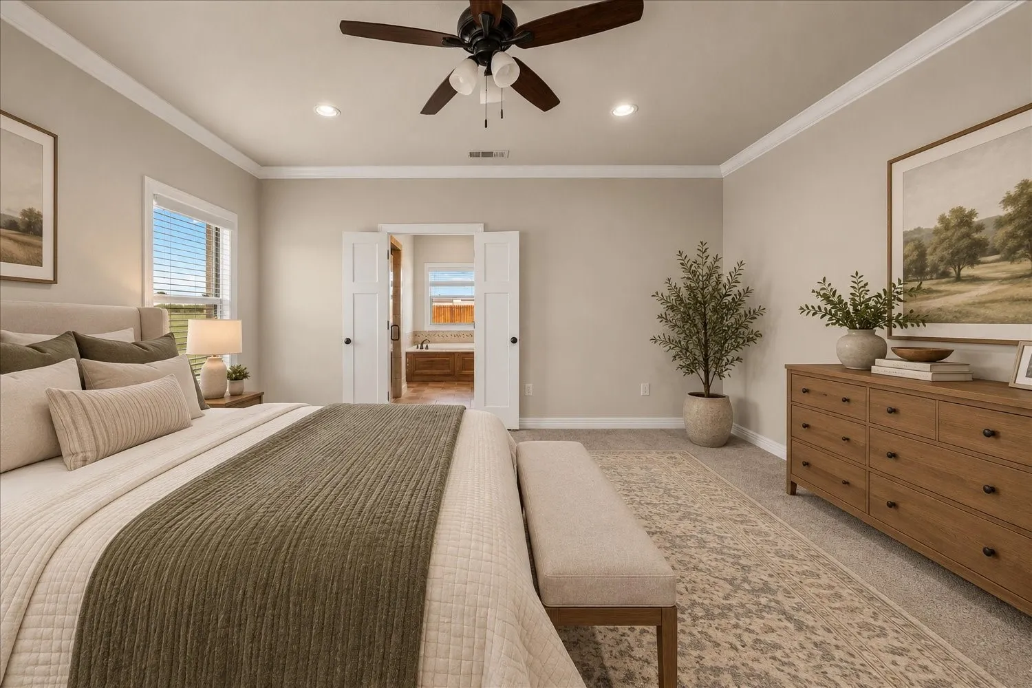 Recessed lighting, ceiling fan, crown molding, double doors, and a window with blinds