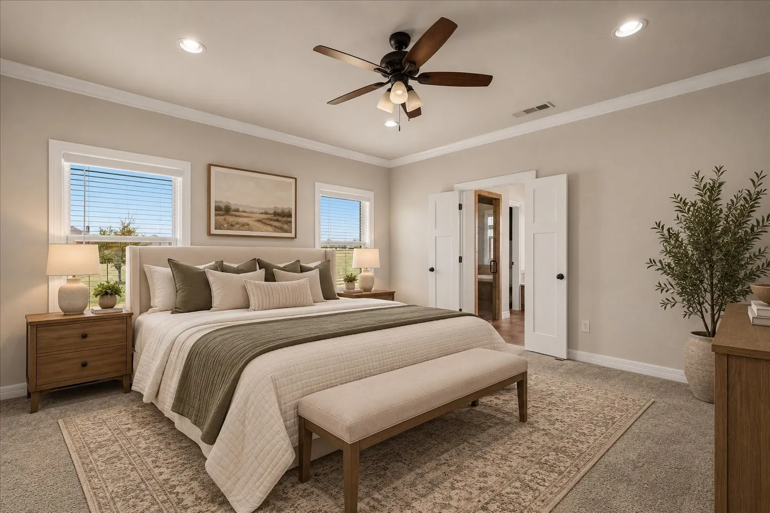 Recessed lighting, crown molding, double pane windows, ceiling fan, and double doors