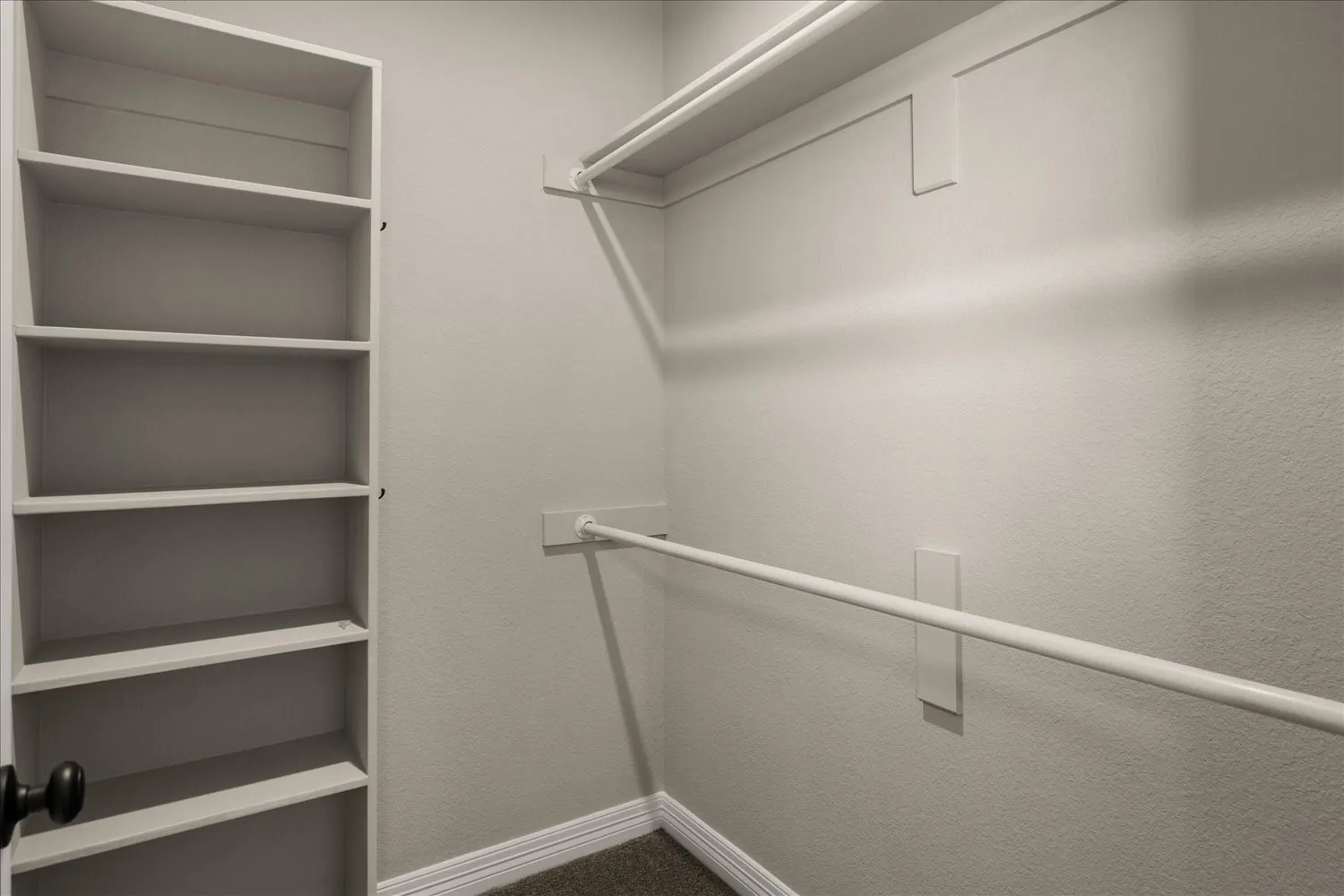 Built-in shelving, two clothing rods, and carpeting