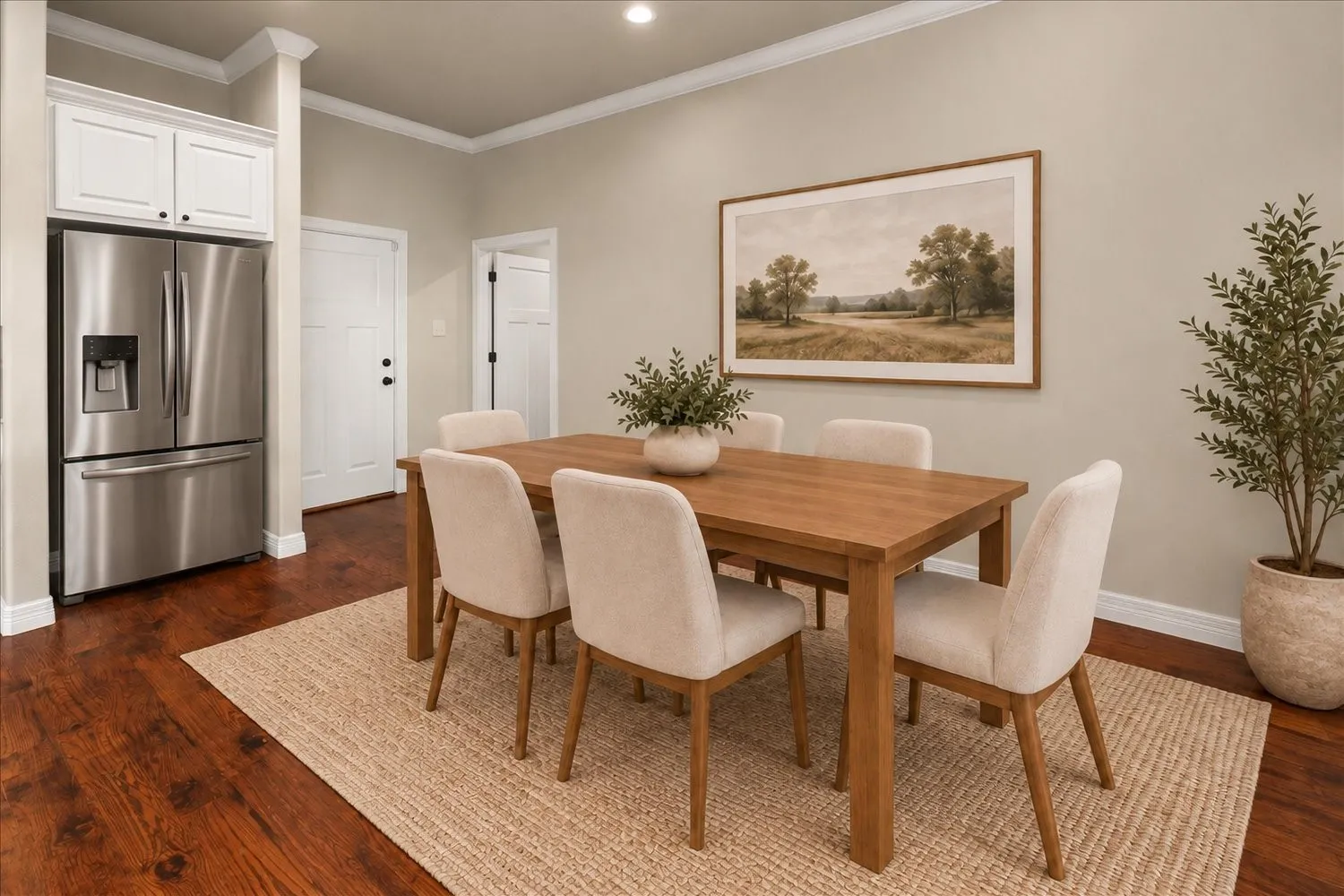 Wood-finish flooring, stainless steel refrigerator, white cabinetry, crown molding, and recessed lighting