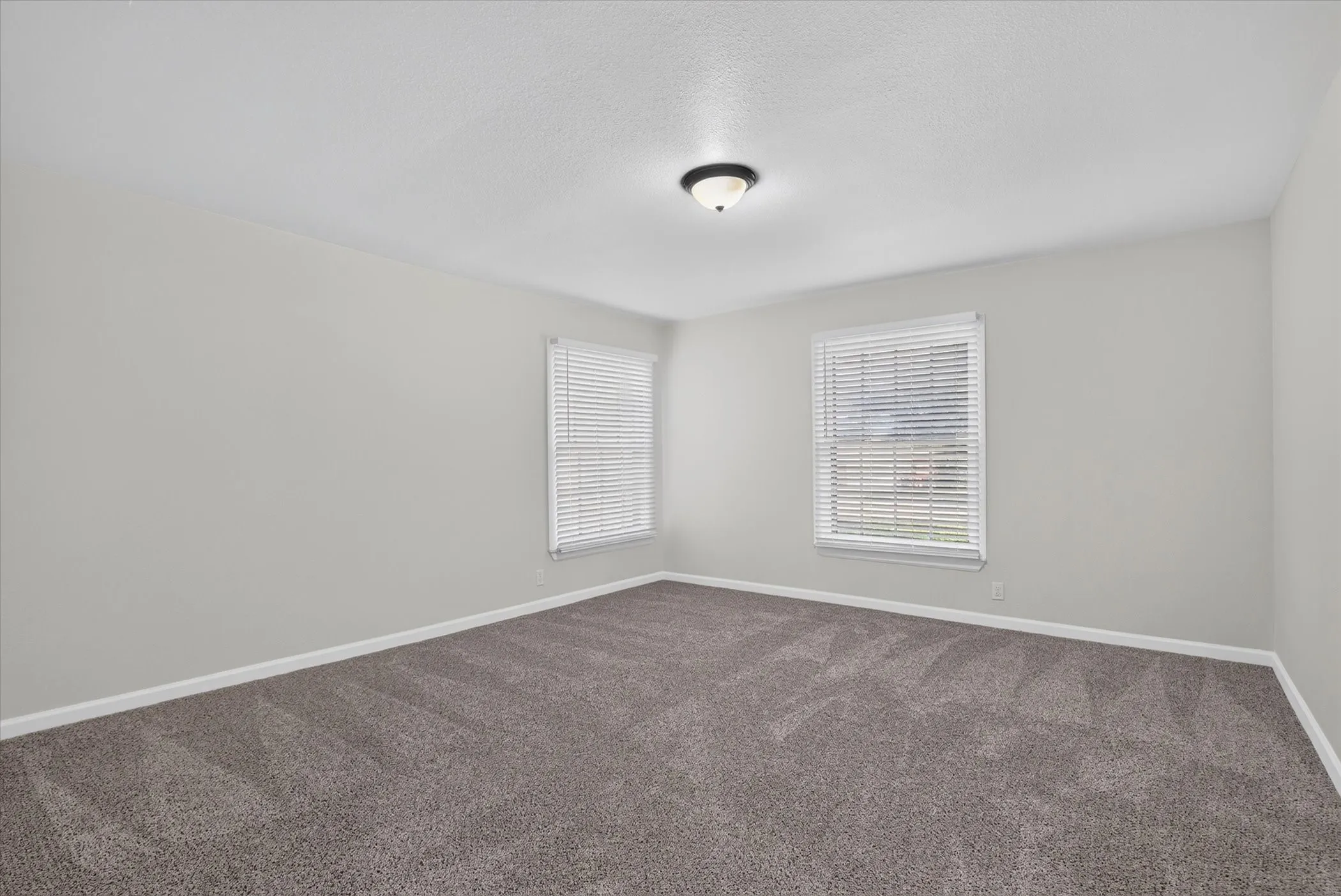 Plush grey carpeting, two windows with blinds, light neutral wall paint, and a semi-flush mount ceiling light