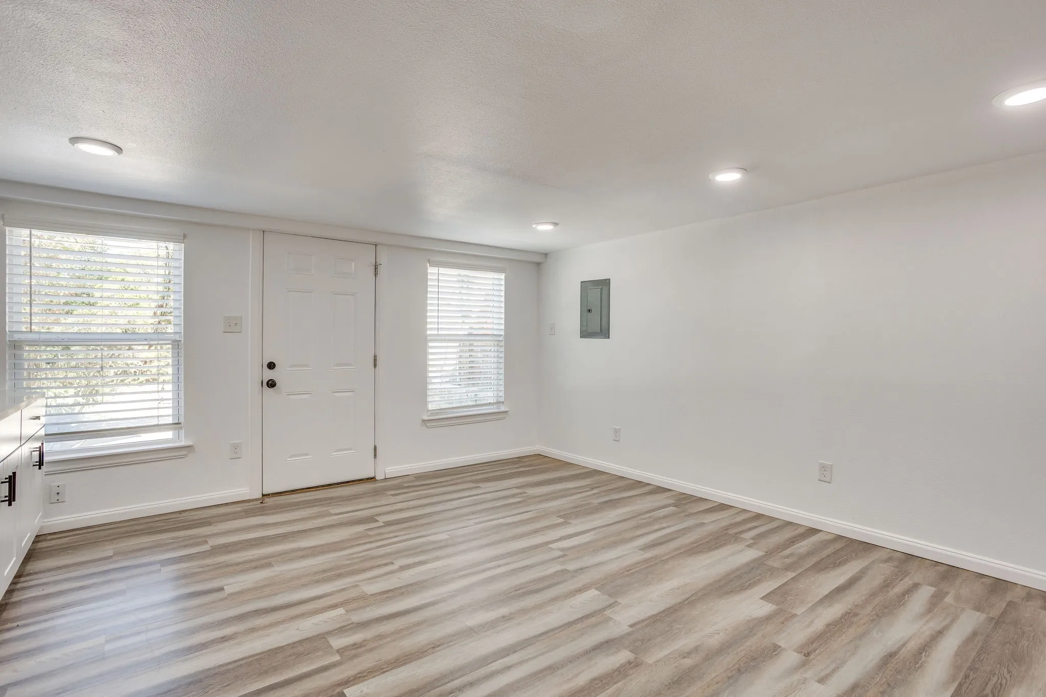 Recessed lighting, wood-finish flooring, white walls, multiple windows, and a panel door