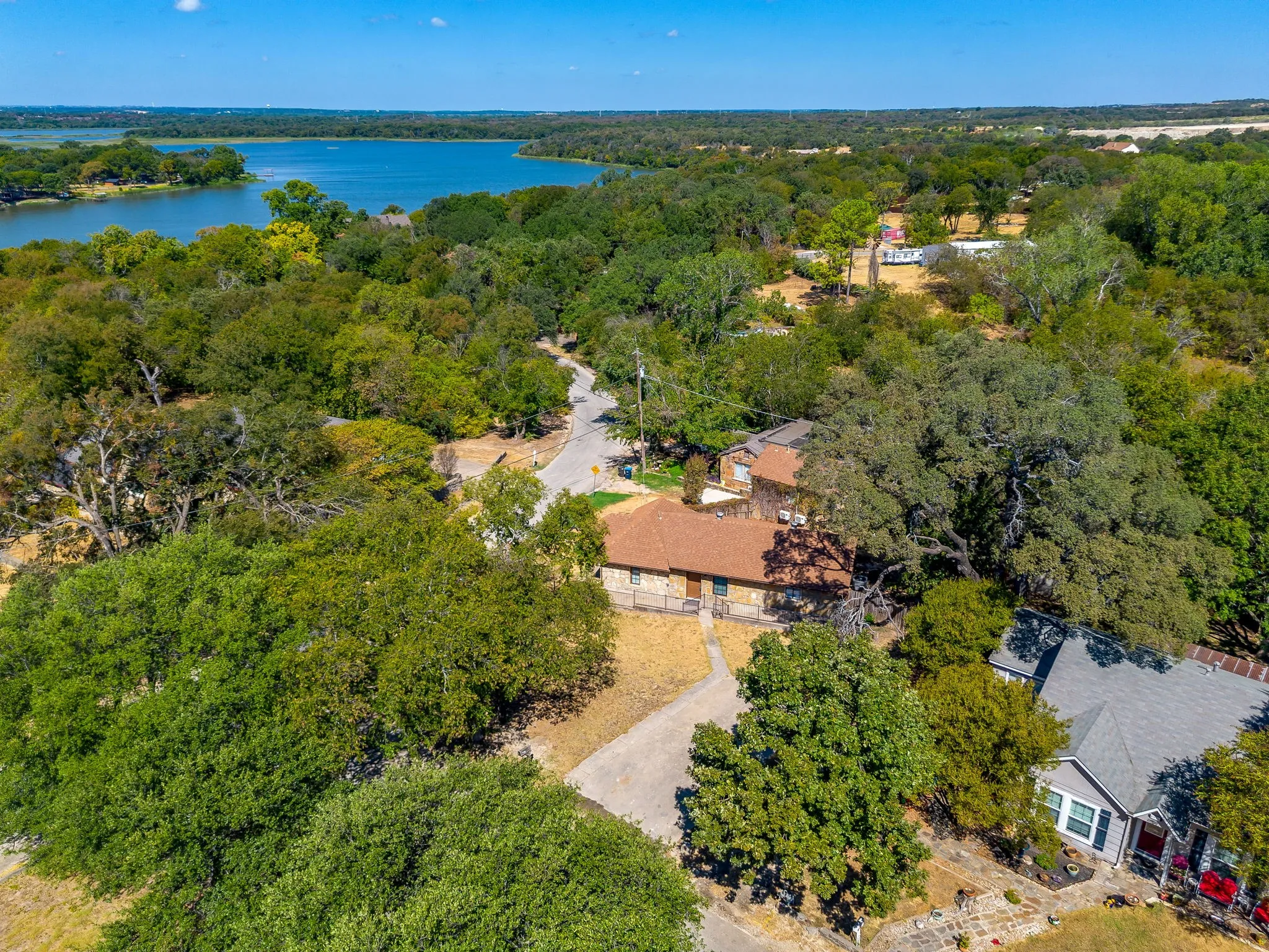 Aerial establishing shot with lake, mature trees, and residential architecture
