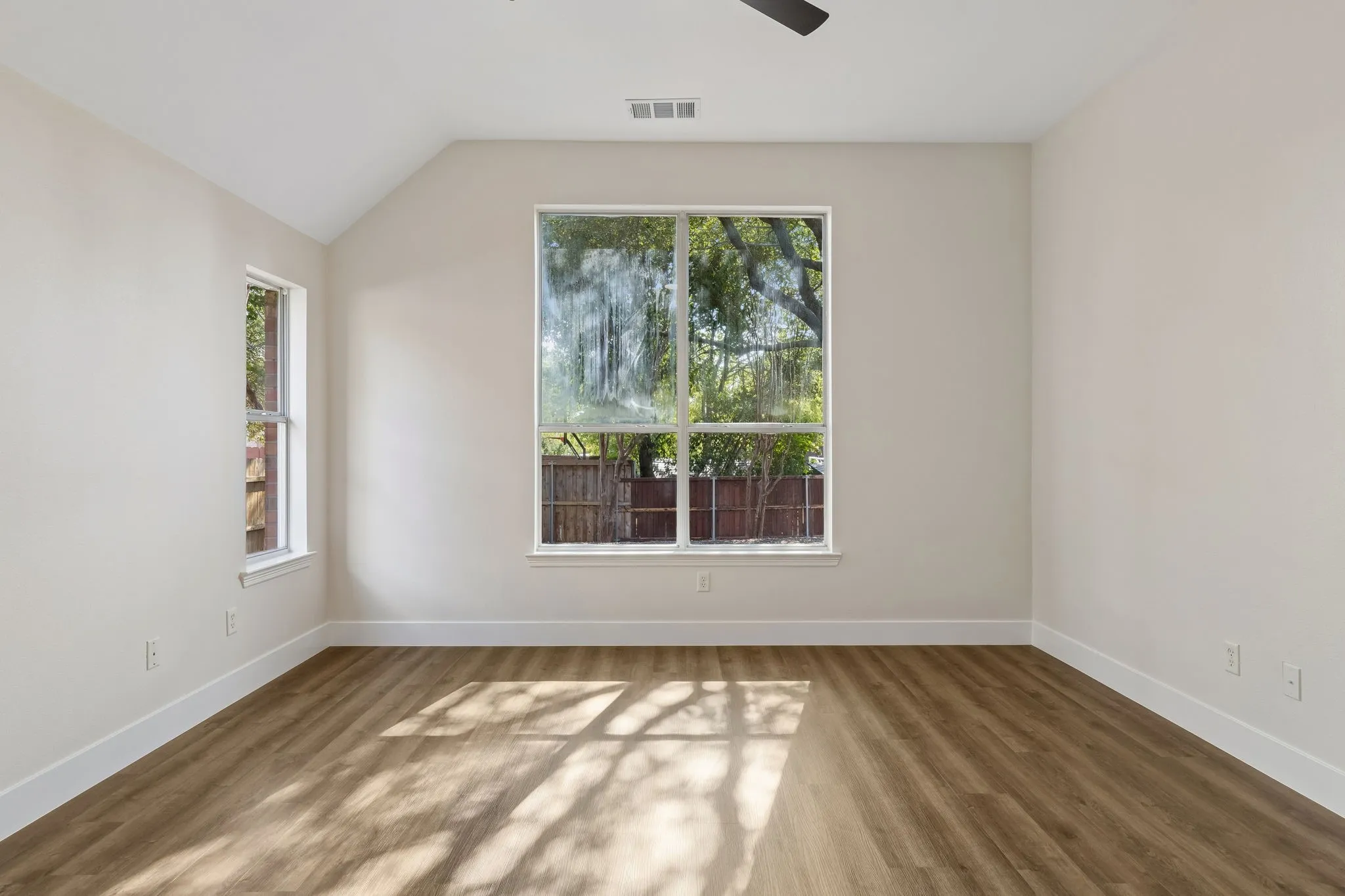 Wood-finish flooring with a neutral color palette
