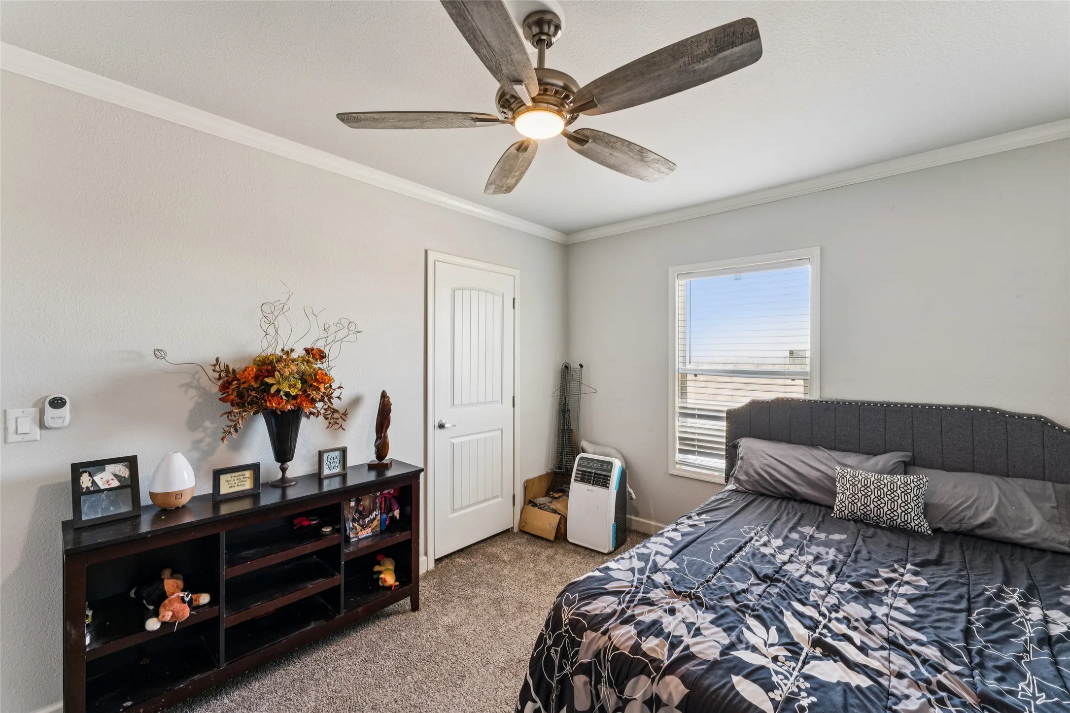 Ceiling fan with light fixture, single window, crown molding, and paneled door