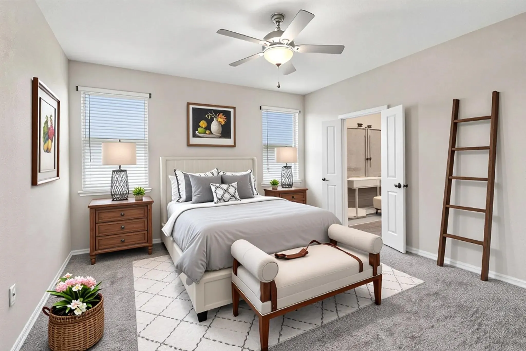 Textured gray carpeting, dual windows with blinds, and white double doors