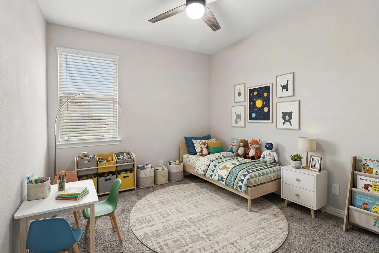 Bedroom 2
window with blinds, ceiling fan, and carpeted flooring