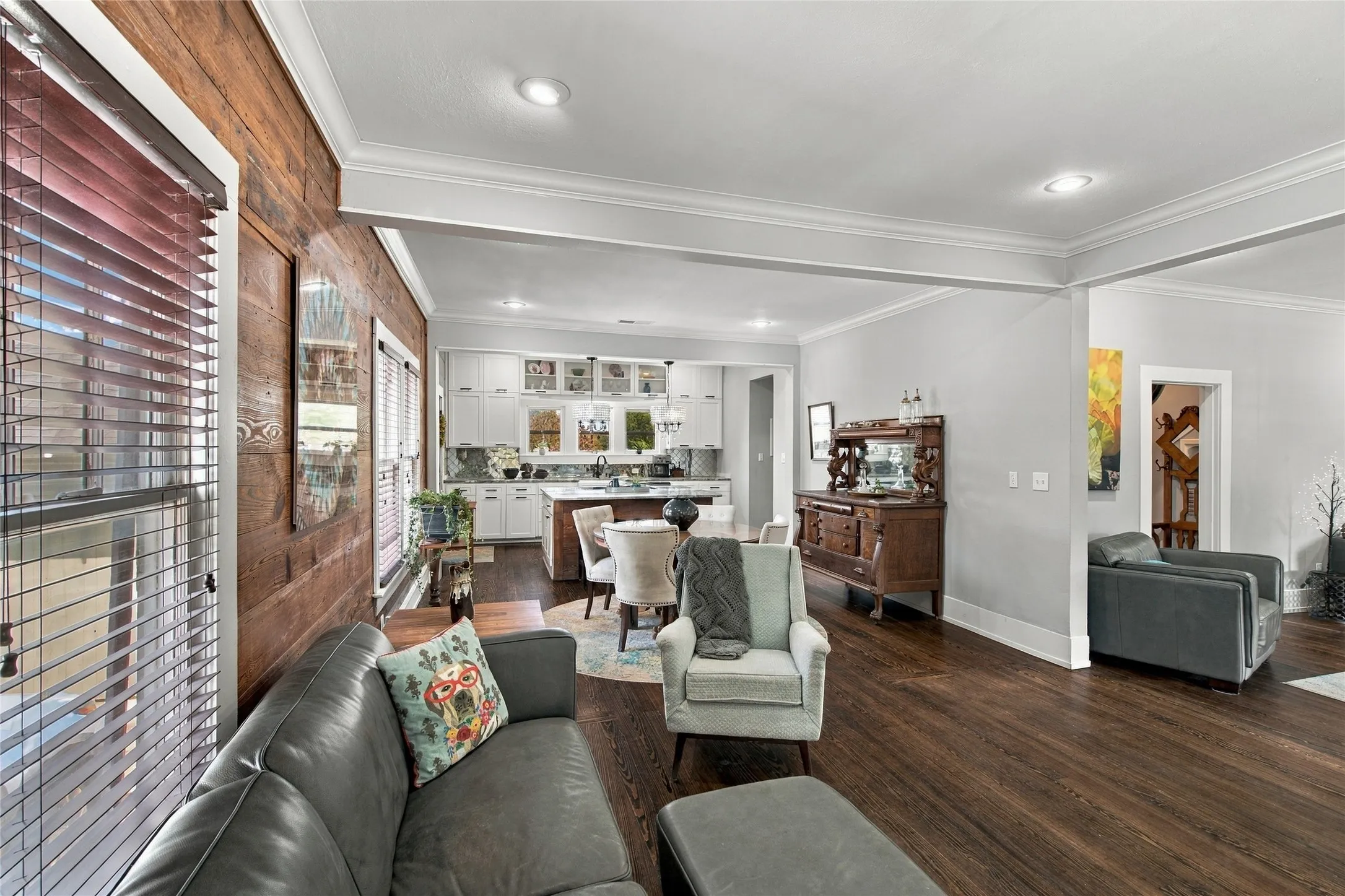 Recessed lighting and crown molding were added to the home during the remodel.