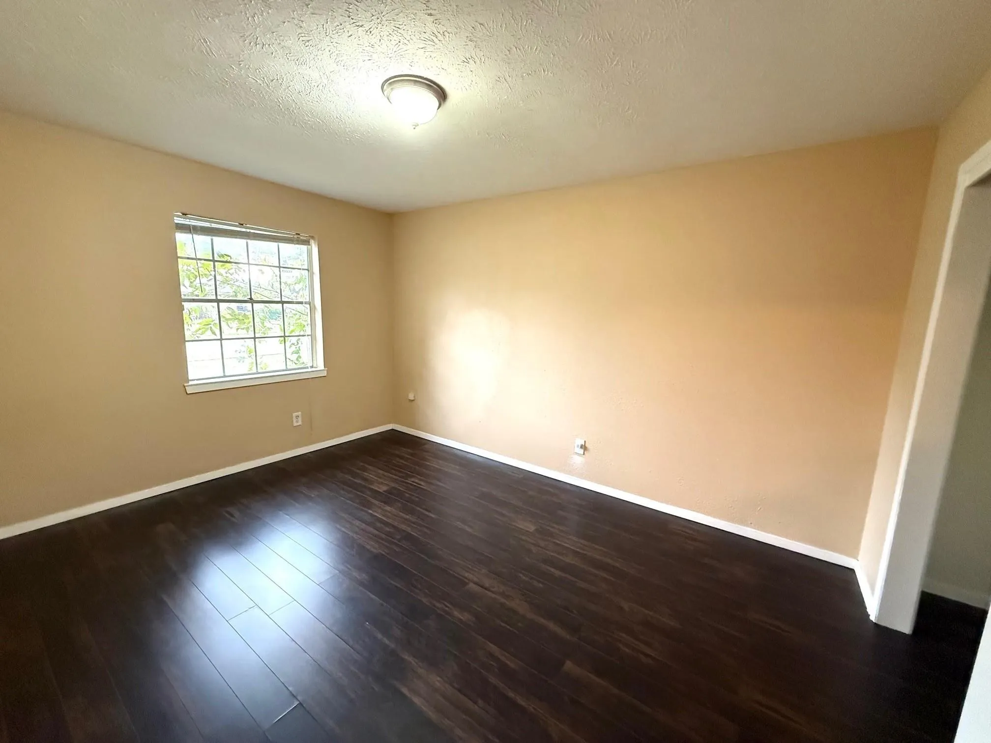 Wood-finish flooring, neutral wall tones, and a window with natural light