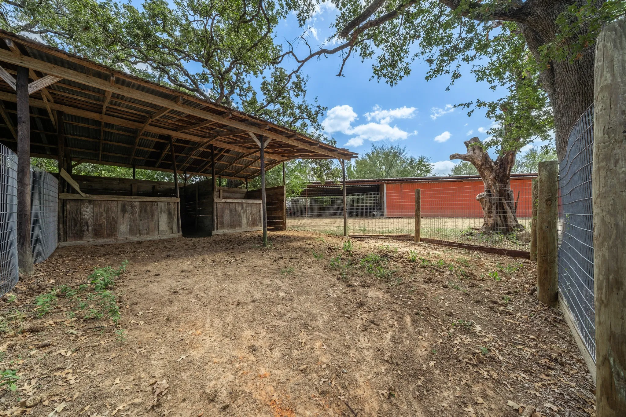 Wood-framed animal shelter with a corrugated metal roof, fenced enclosure, and partially visible red barn structure in the background