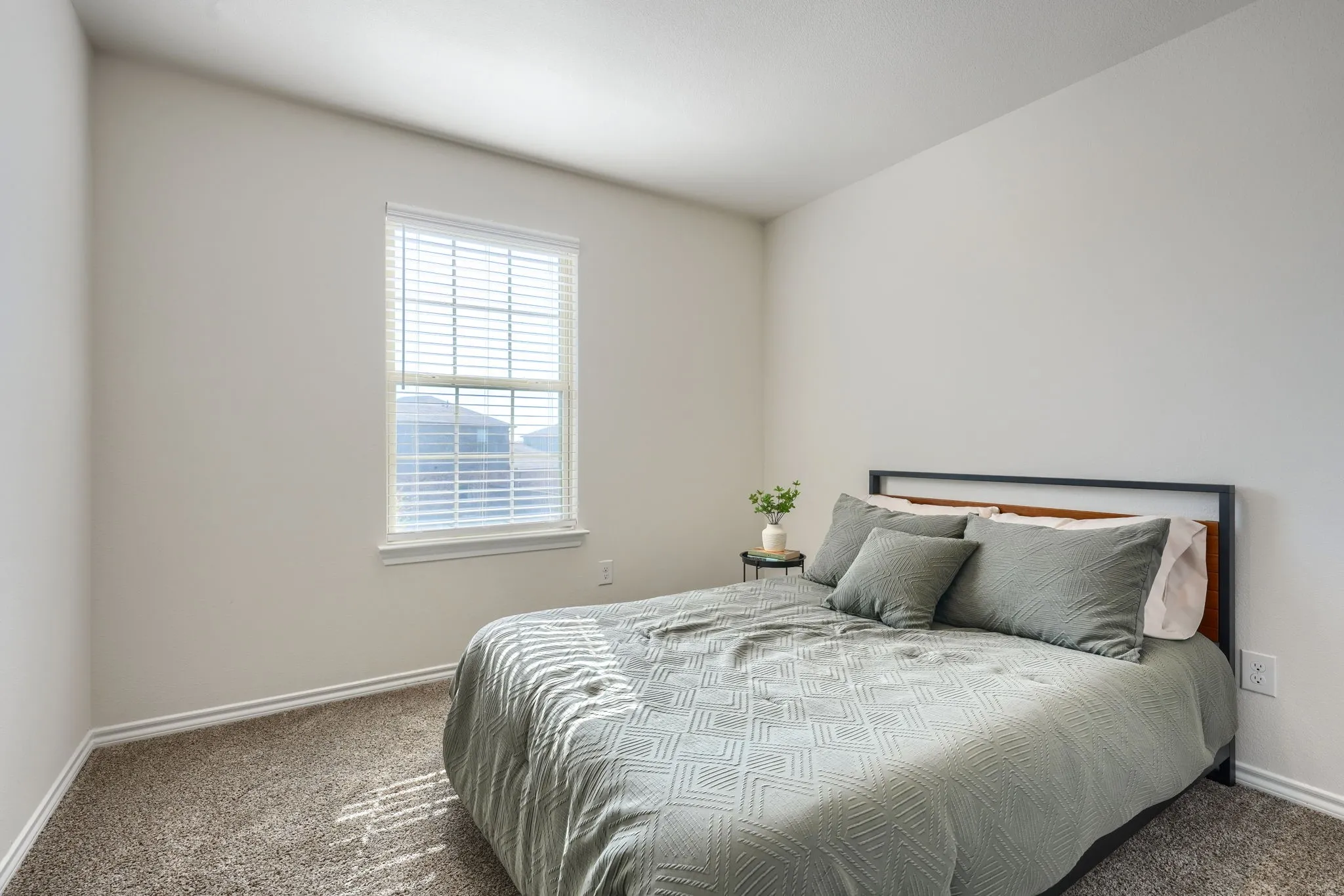 Neutral wall color with textured carpeting, featuring a window with integrated blinds