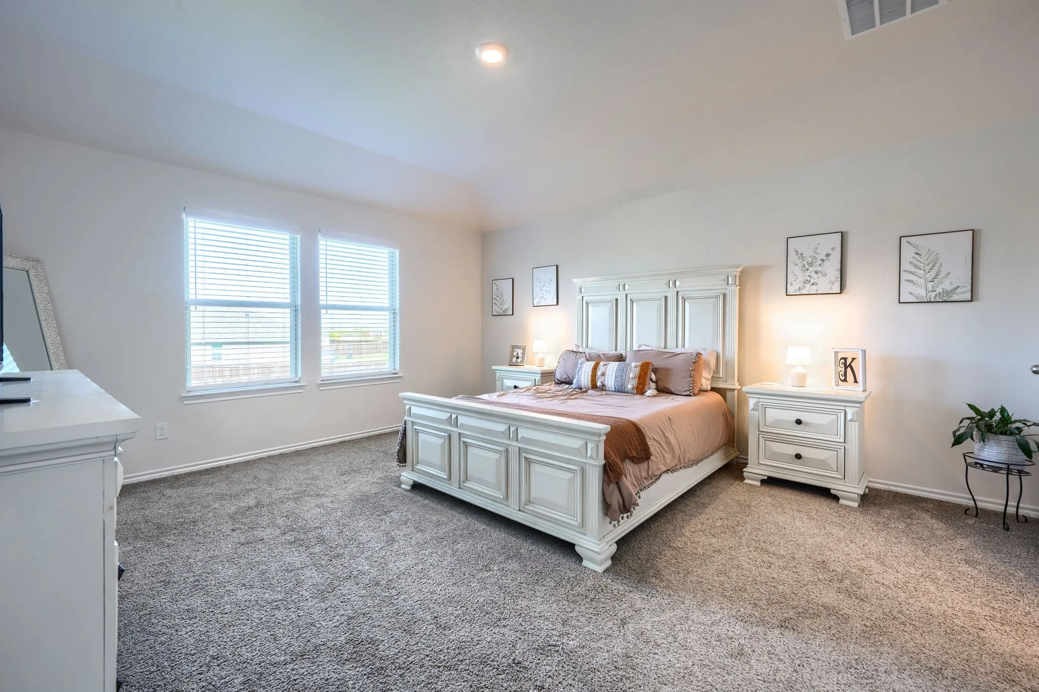 Two windows with horizontal blinds, overhead lighting, and wall-to-wall carpeting