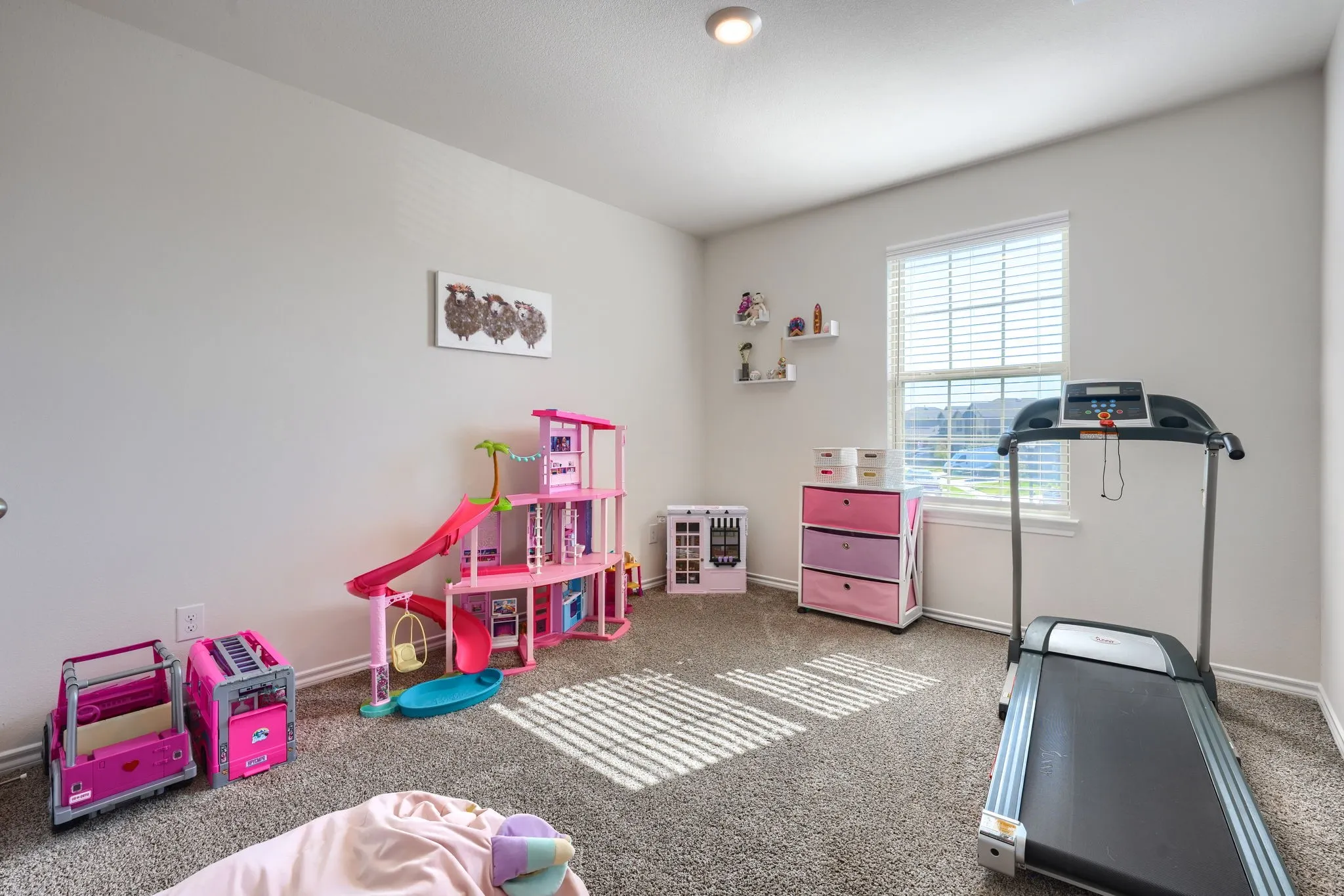 Carpeted room with a single window and recessed ceiling light