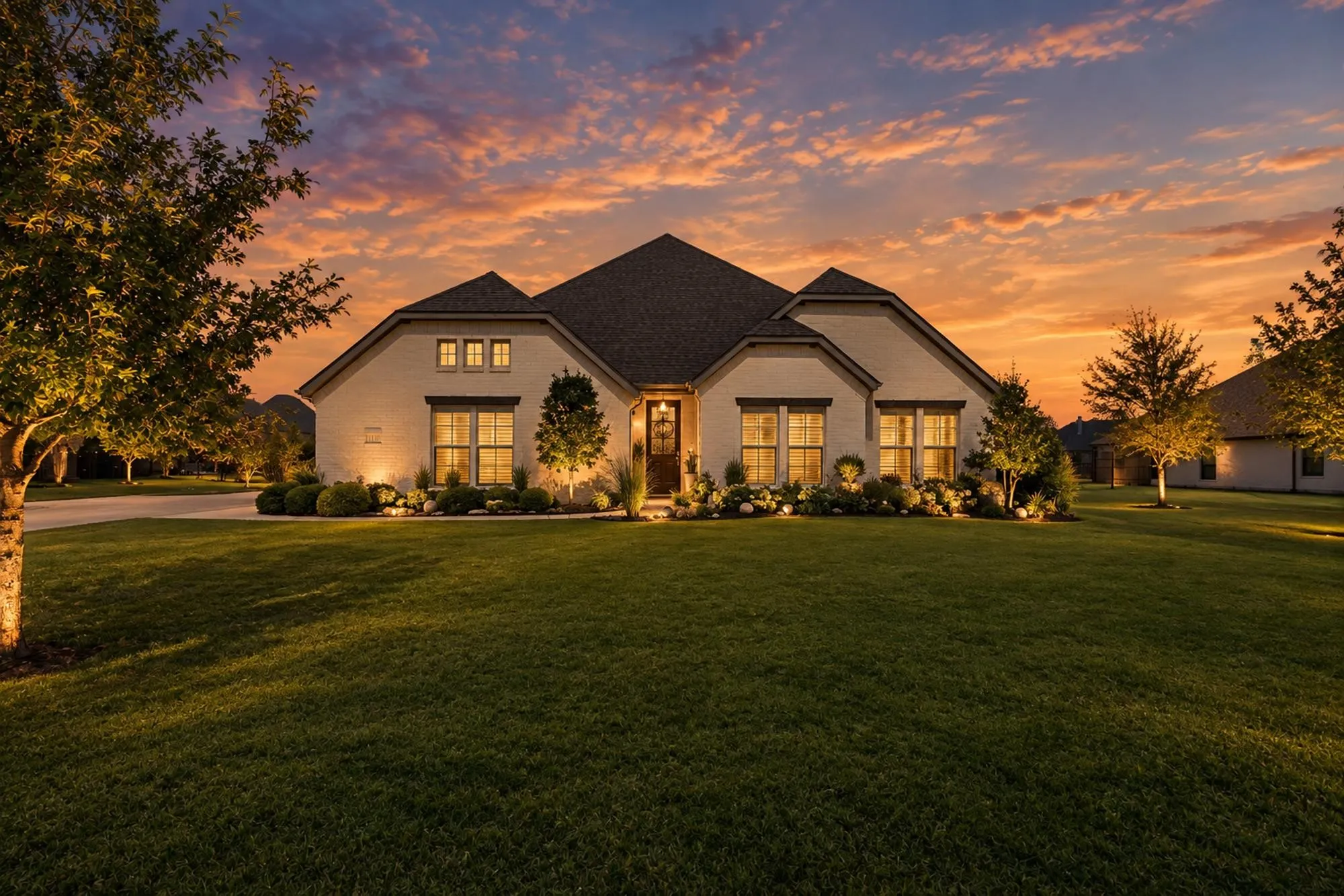 Single-story residence featuring a dark shingle roof, light-colored brick exterior, and multiple windows