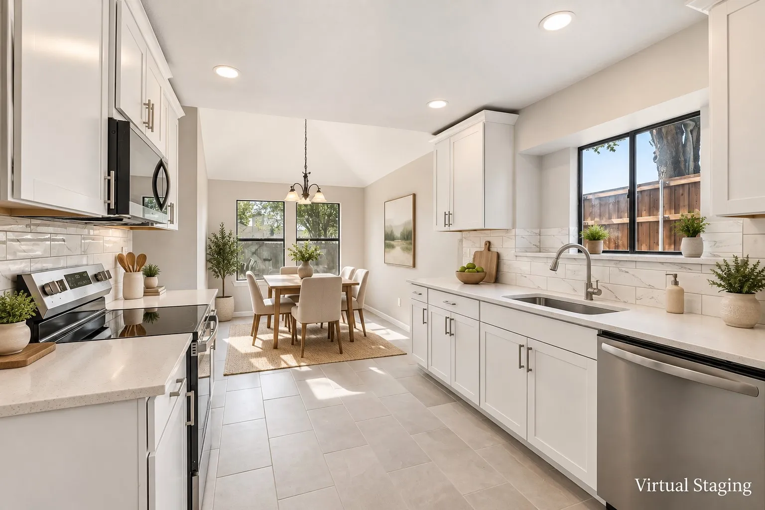 White cabinetry with dark hardware, stainless steel appliances, light-toned countertops, tile flooring, and a subway tile backsplash
