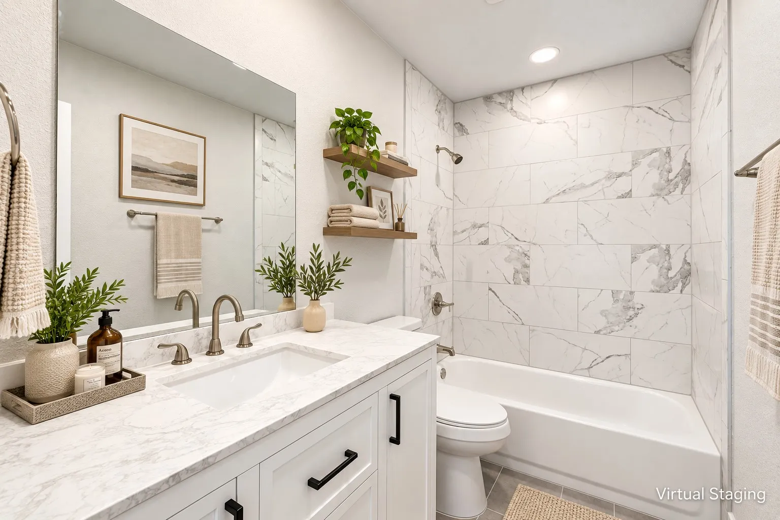 White vanity with dark hardware, undermount sink, and light-toned countertop
