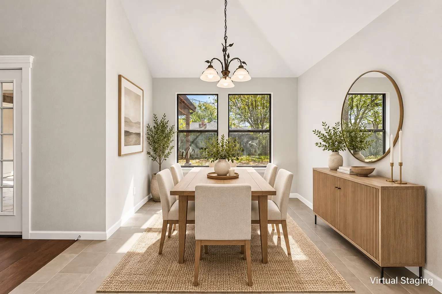Vaulted ceiling with an ornate chandelier, dual pane windows, tile flooring, and wood-finish cabinetry