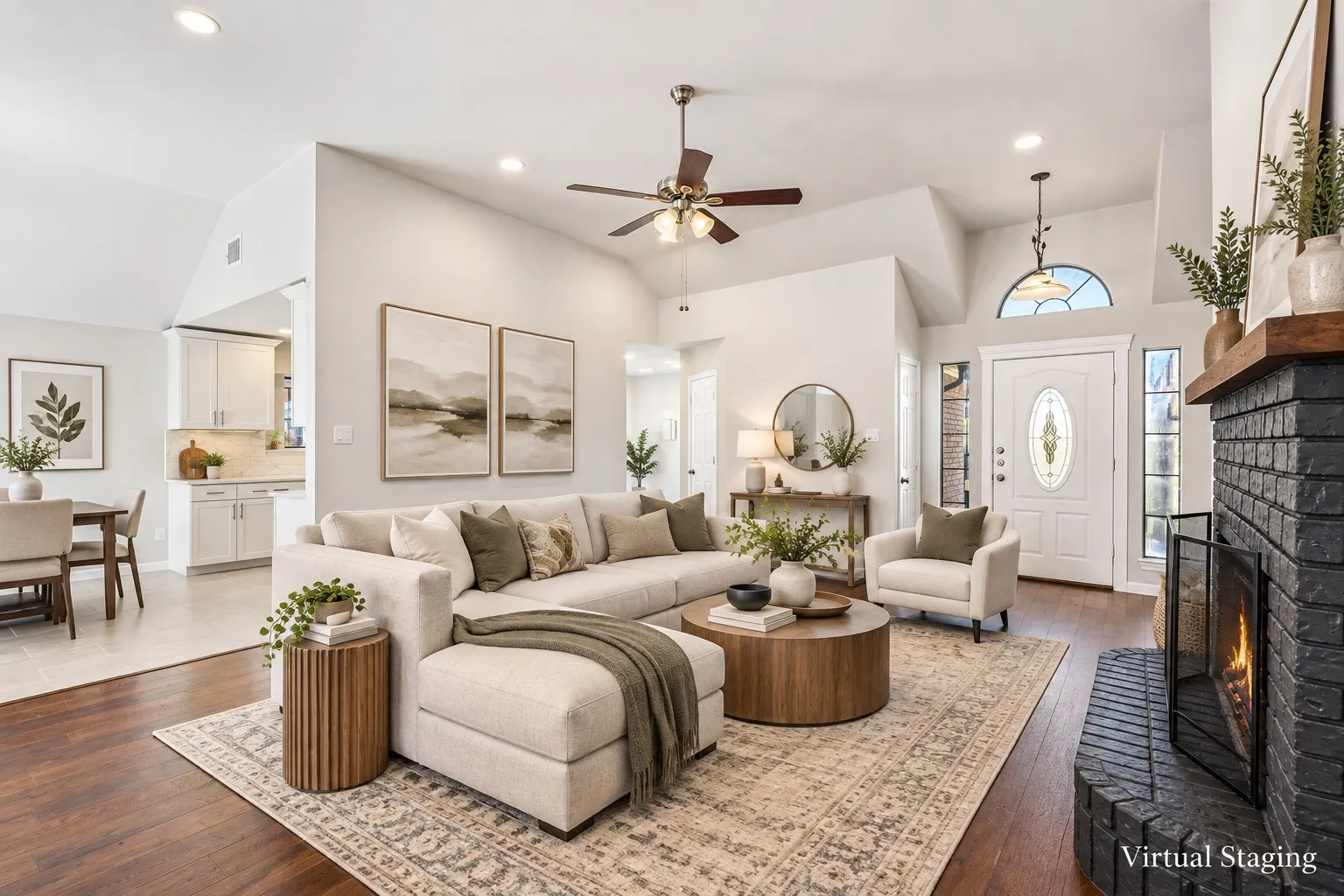 Vaulted ceilings, wood-finish flooring, recessed lighting, and a black brick fireplace with a wood mantle