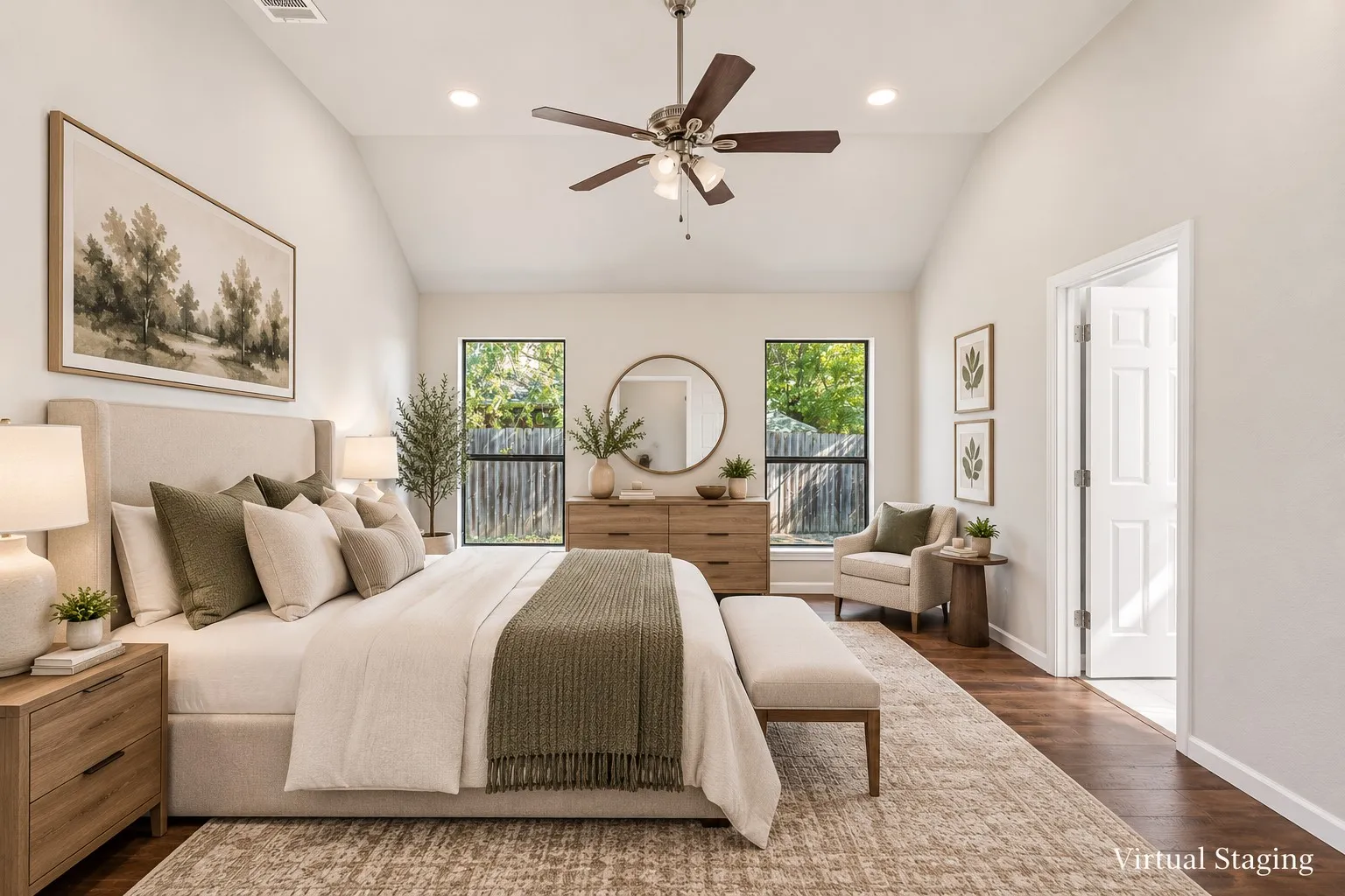 Vaulted ceiling, recessed lighting, ceiling fan, wood-finish flooring, and a paneled door