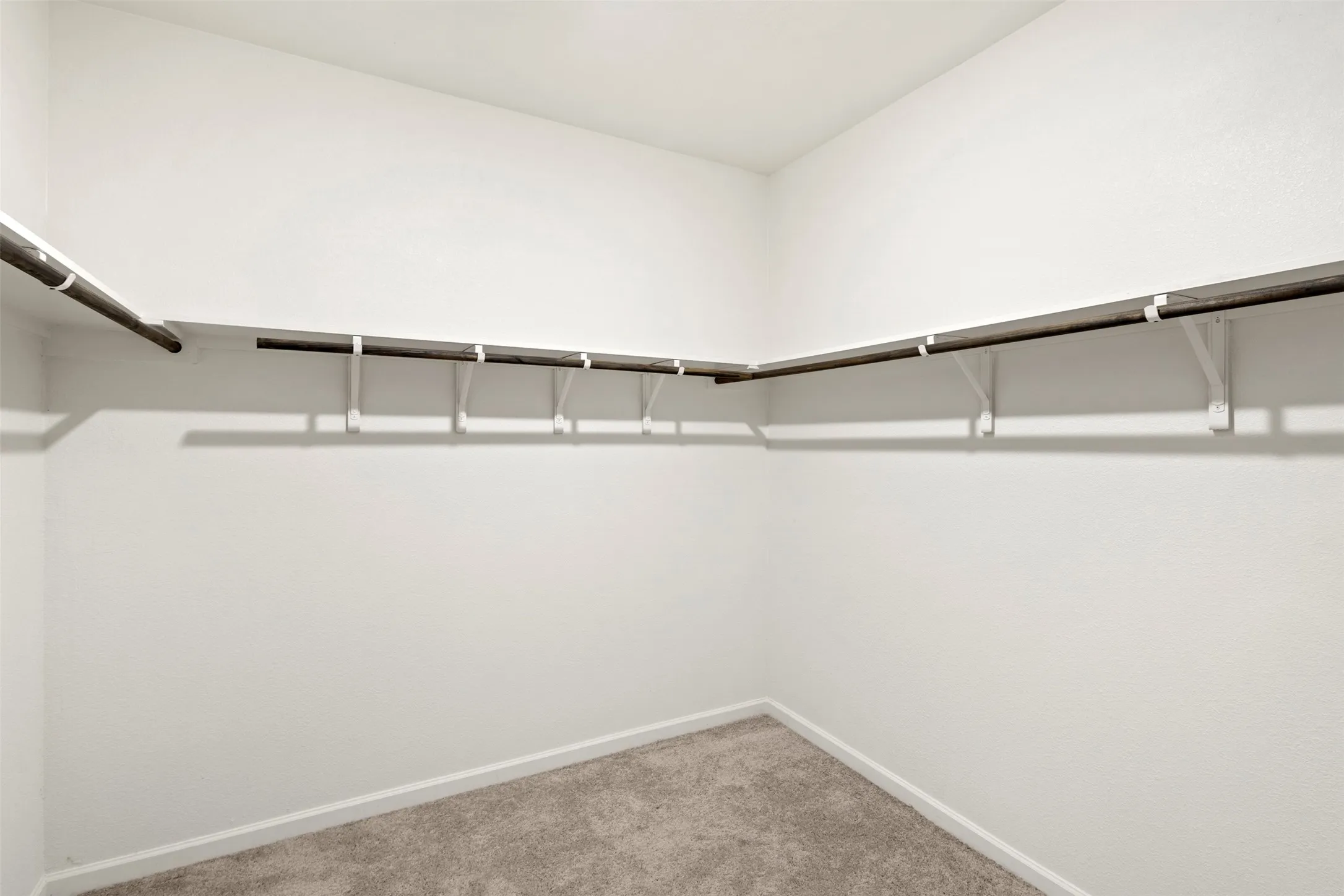 Corner closet with white walls, L-shaped shelving, and carpet flooring