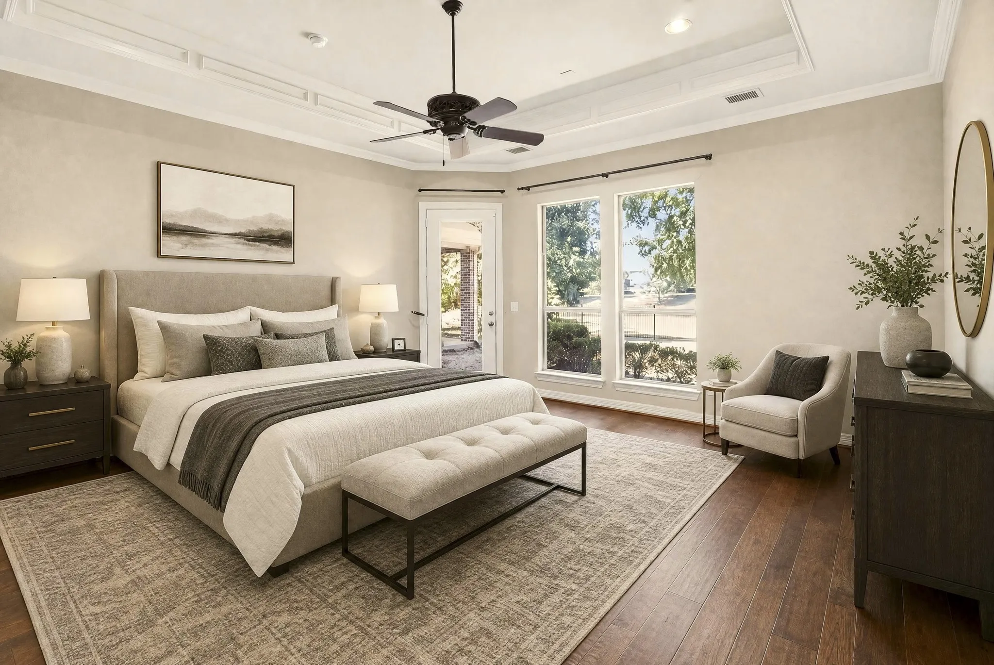 Water Views. Virtually staged first floor primary bedroom with patio access. Tray ceiling with crown molding, ceiling fan, expansive windows, and a glass-paneled door. Ensuite