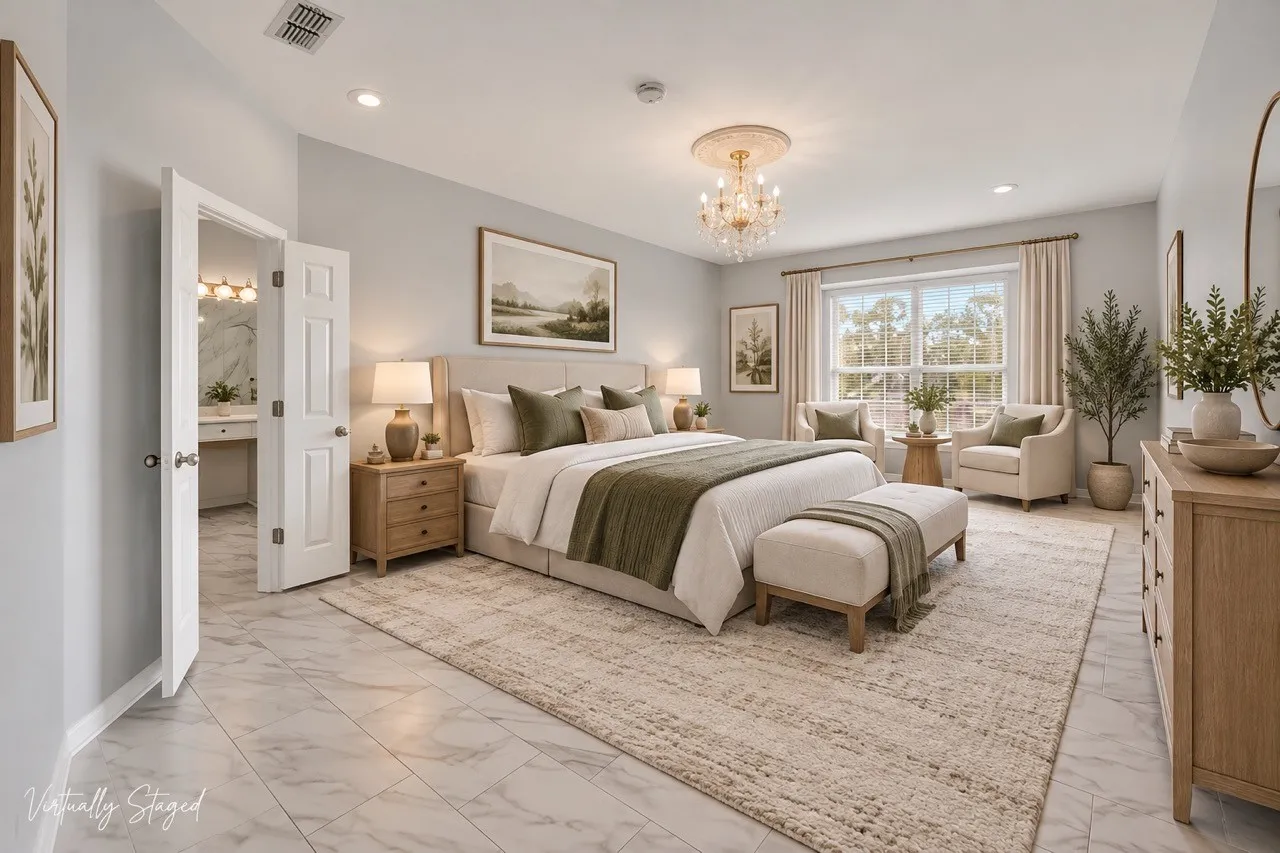Spacious room featuring large windows, recessed lighting, and a chandelier with ceiling medallion