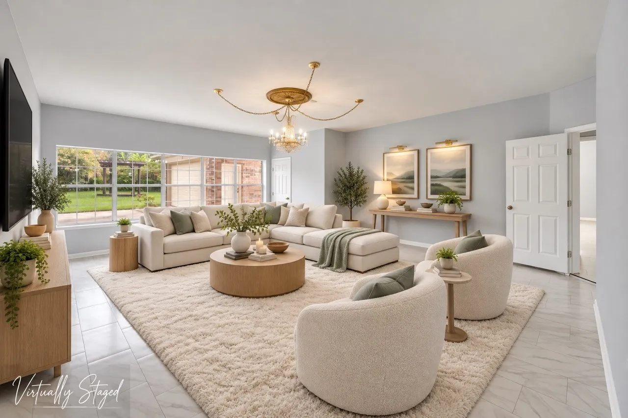 Vaulted ceiling with an ornate chandelier, expansive window, light tile flooring, and light-toned walls