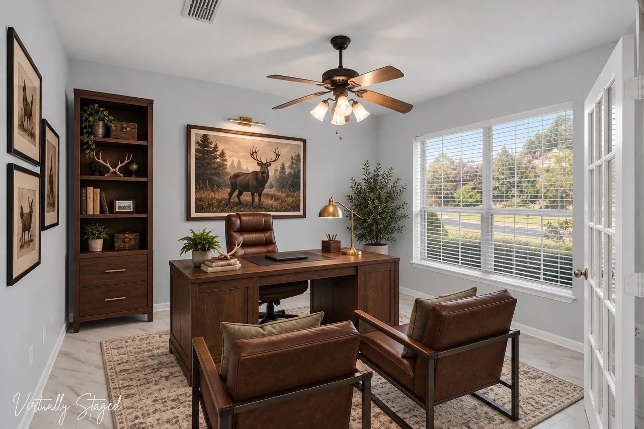 French doors with multi-pane glass, large window with horizontal blinds, ceiling fan with integrated lighting, wood-finish flooring