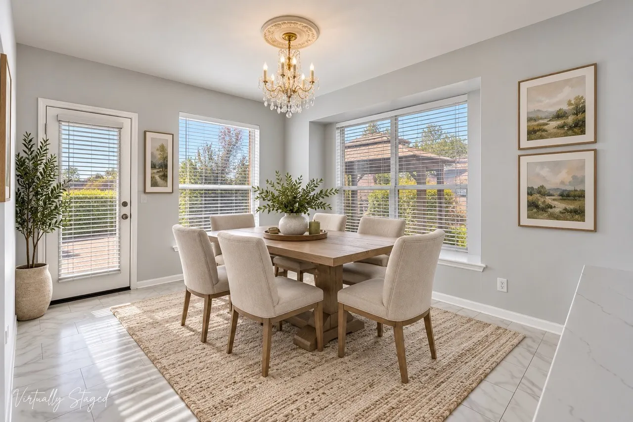 Recessed lighting, large windows, and a glass-paneled door illuminate this dining area with tile flooring and a decorative ceiling medallion