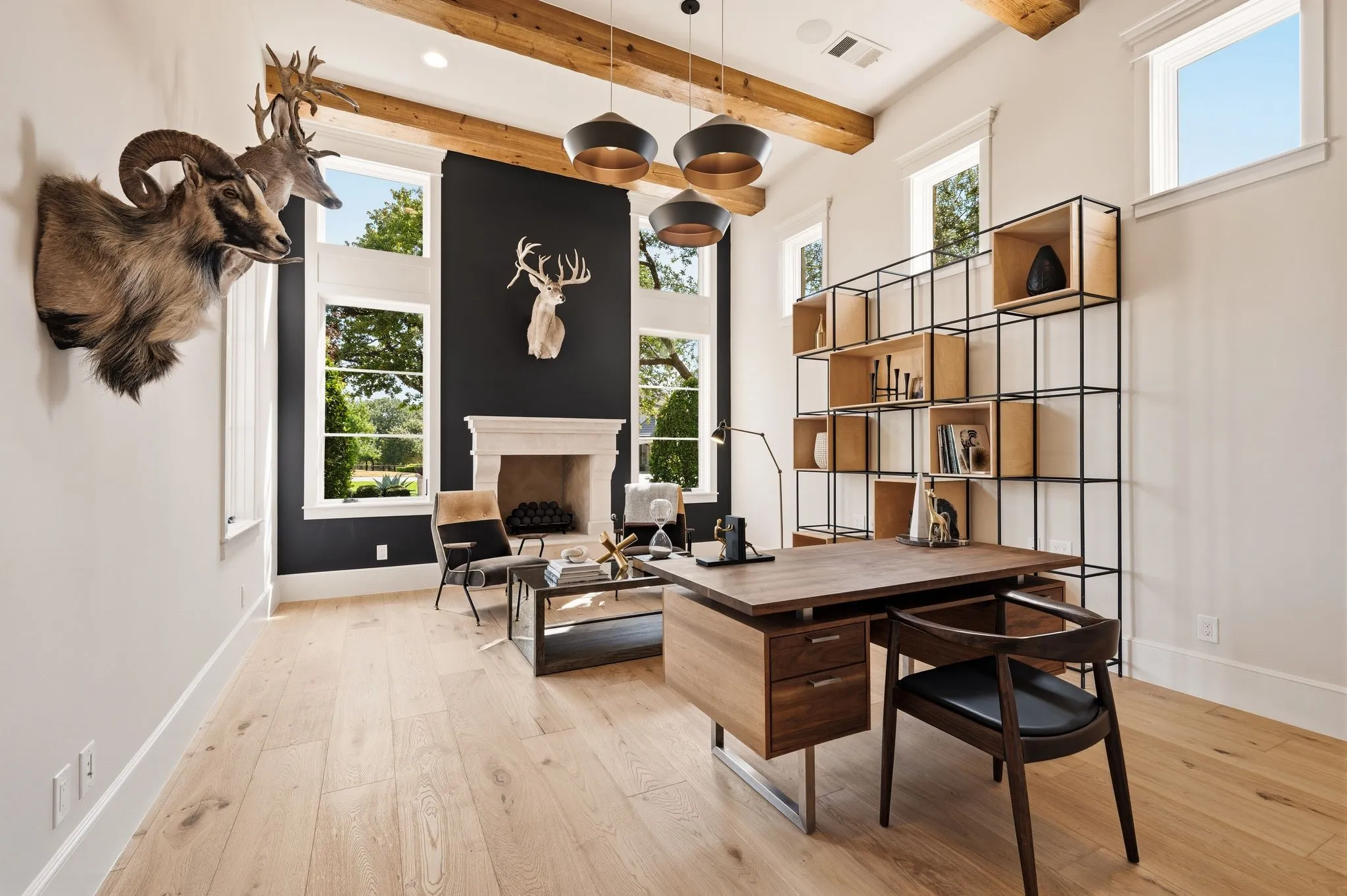 A sophisticated workspace with custom details and abundant natural light