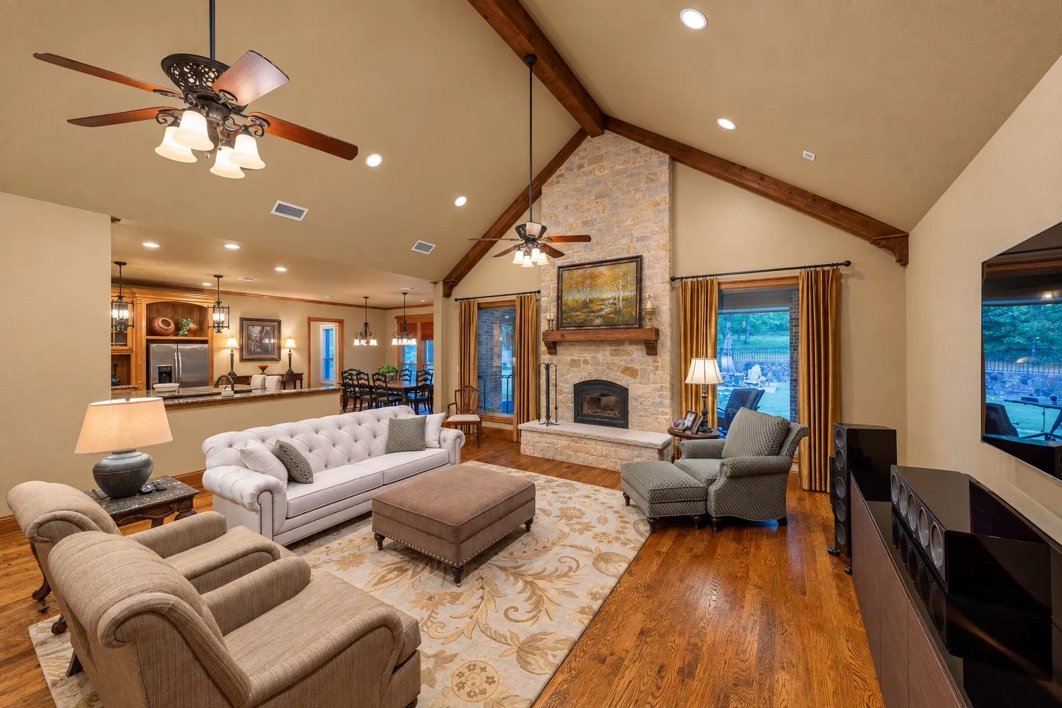 The sizeable living room adjoins the spacious kitchen.