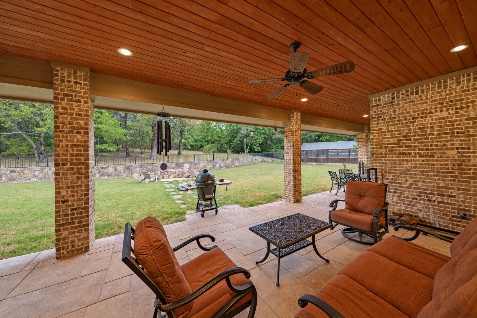 The back covered patio is 336 square feet with two additional covered patios extending in each direction.