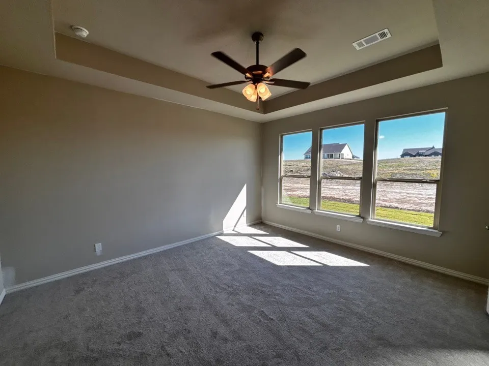 Tray ceiling with a ceiling fan, three pane windows, and carpeting