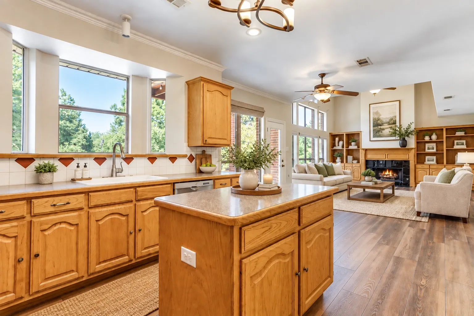 Virtually staged Kitchen looking into living