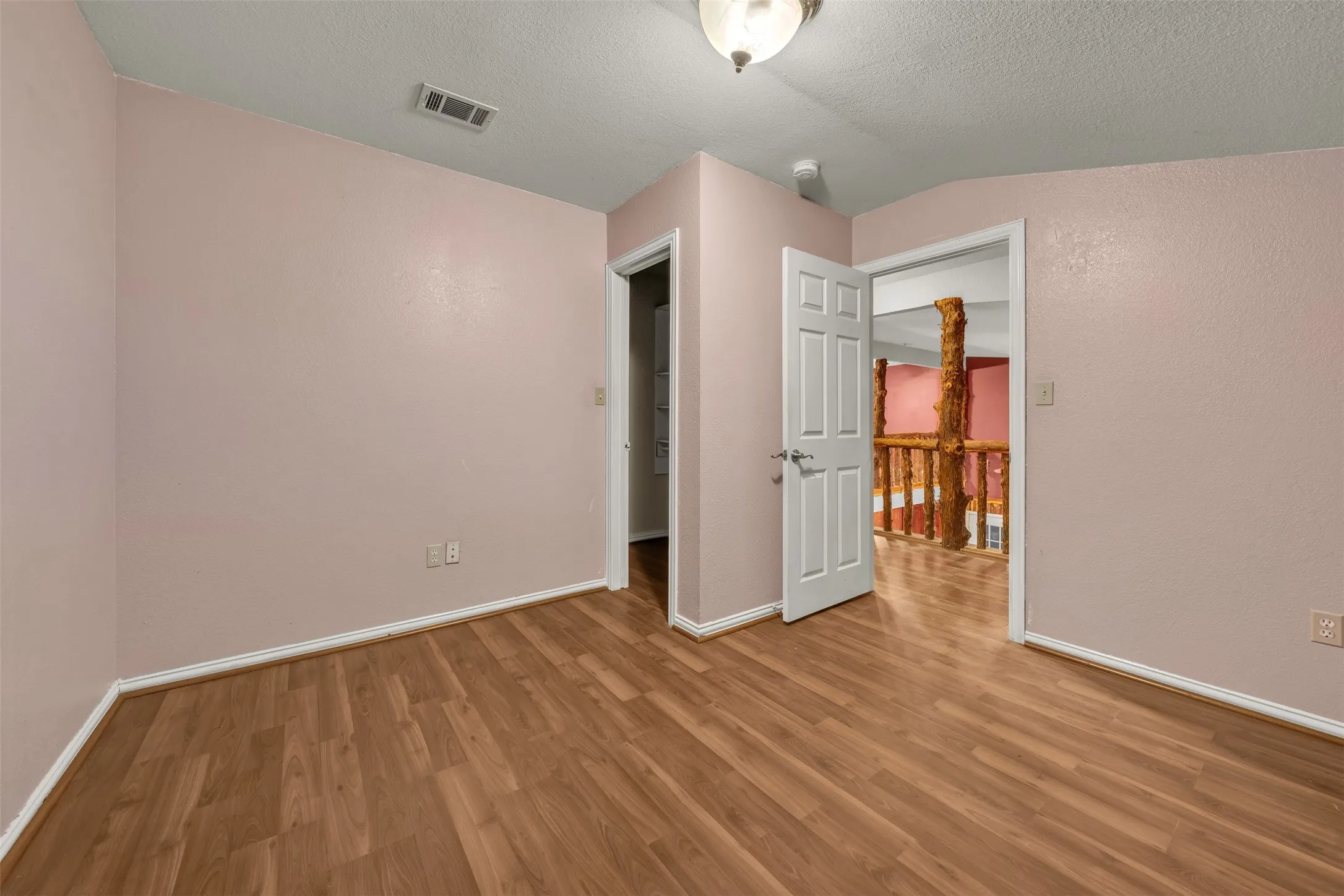 Wood-finish flooring with white trim and a paneled door