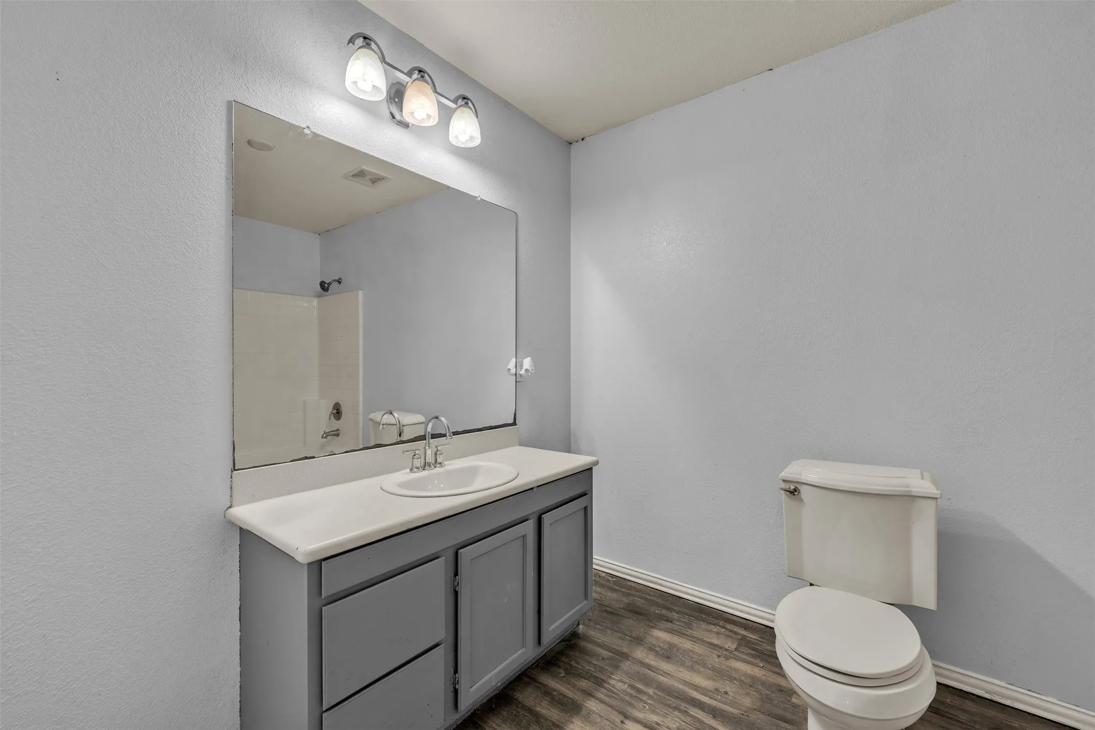 Vanity with an integrated sink, a large wall-mounted mirror, and wood-finish flooring
