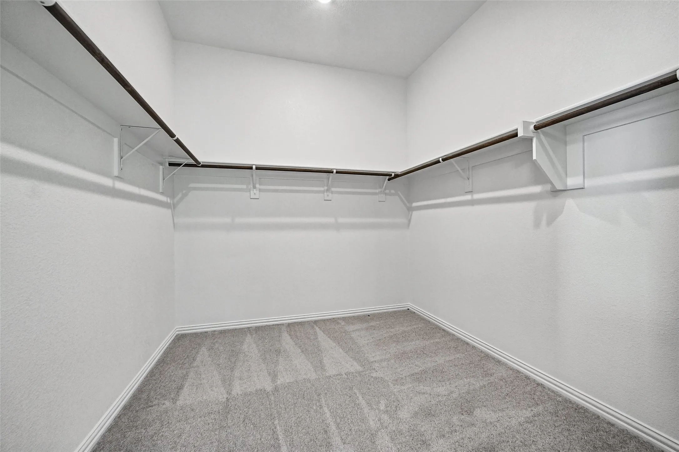 Walk-in closet featuring neutral carpeting, white interior walls, and wraparound built-in shelving with integrated rods