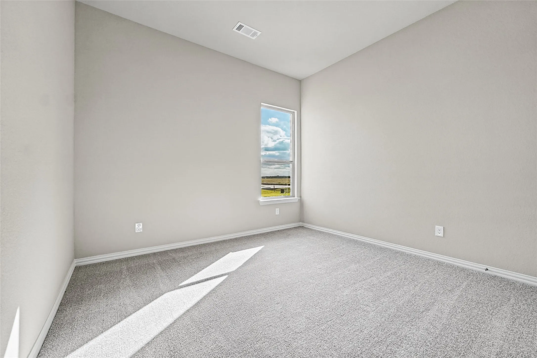 Neutral-toned room featuring high ceilings, wall-to-wall carpeting, and a vertical window