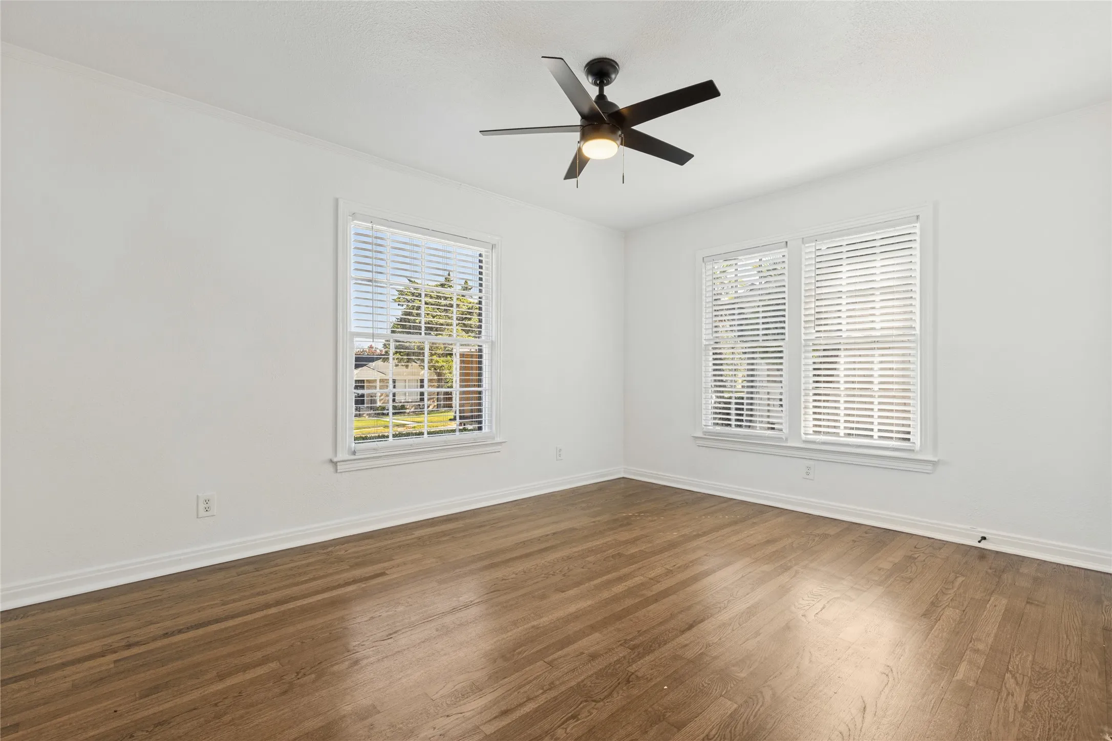 Expansive wood-finish flooring, dual windows with blinds, and a ceiling fan with integrated lighting