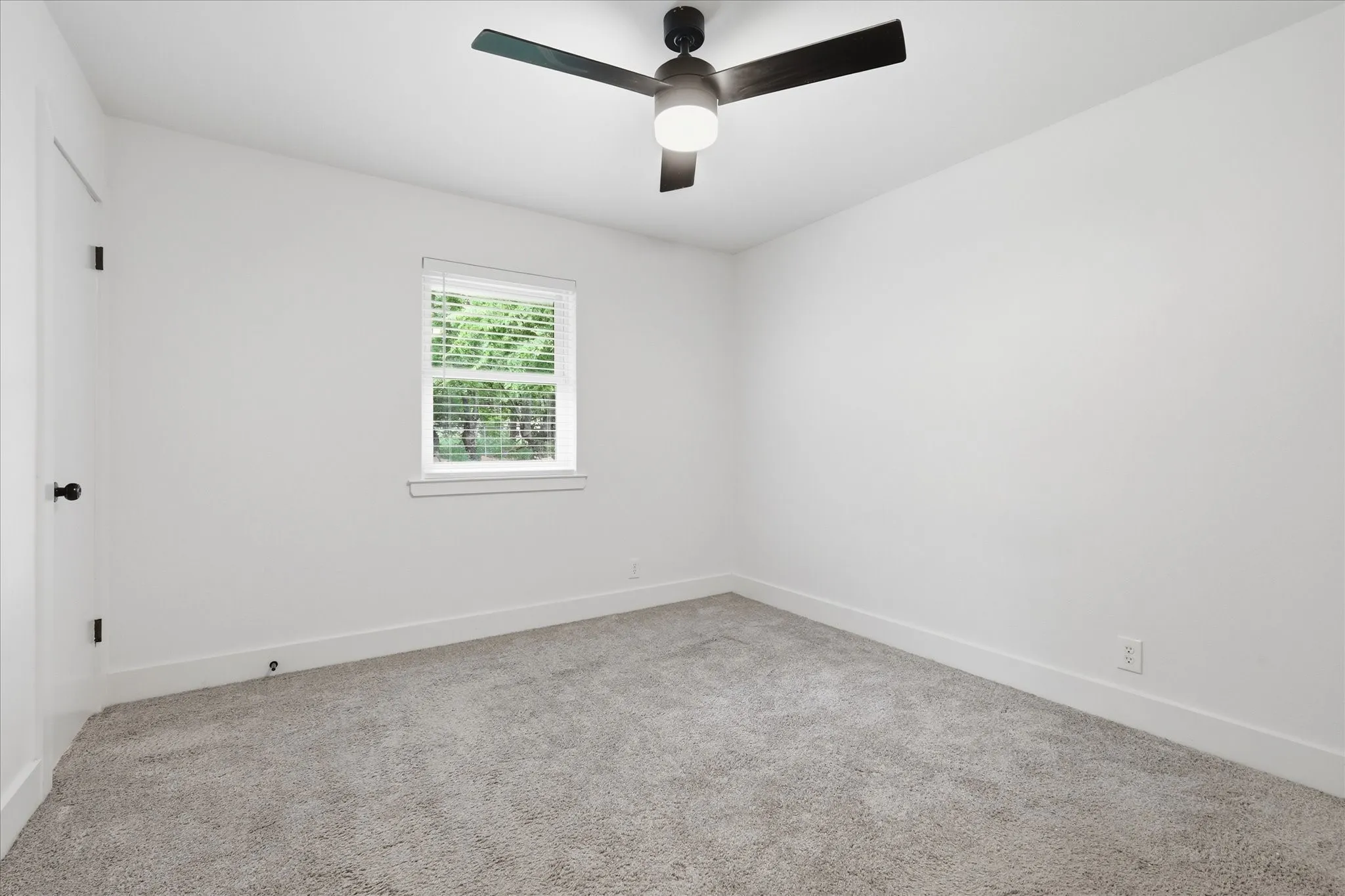 Plush carpet flooring, white painted walls, a single window with blinds, and a dark-toned ceiling fan with integrated lighting