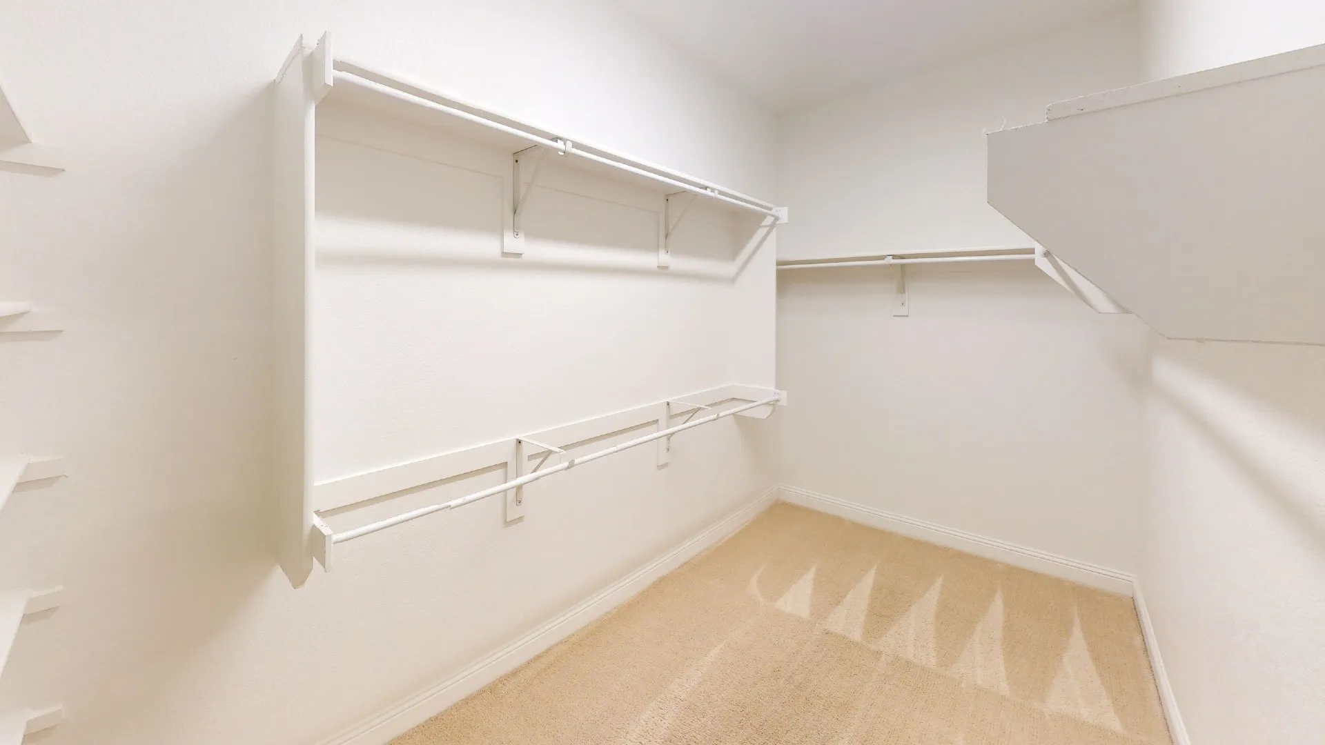 Walk-in closet with carpet flooring, white walls, and built-in shelving units