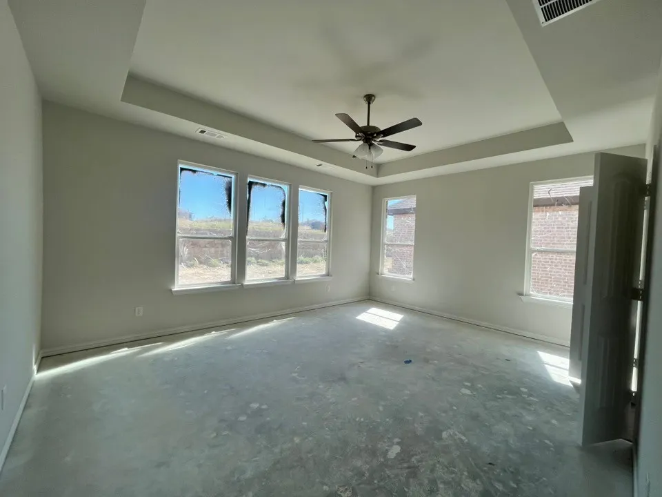 Tray ceiling with central ceiling fan, multiple windows, and a panel door