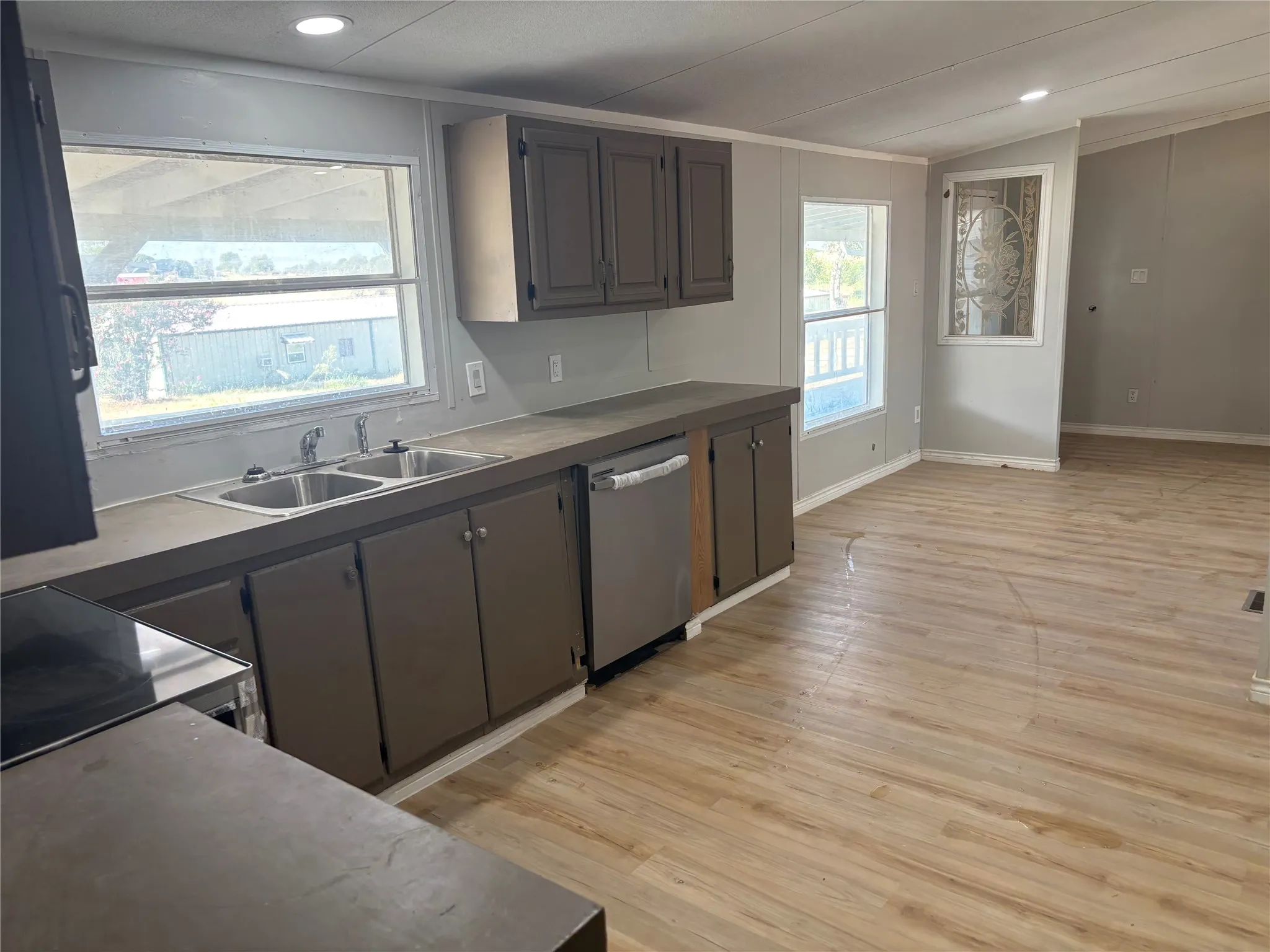 Open-concept kitchen with wood-finish flooring, recessed lighting, double basin sink, and stainless steel dishwasher