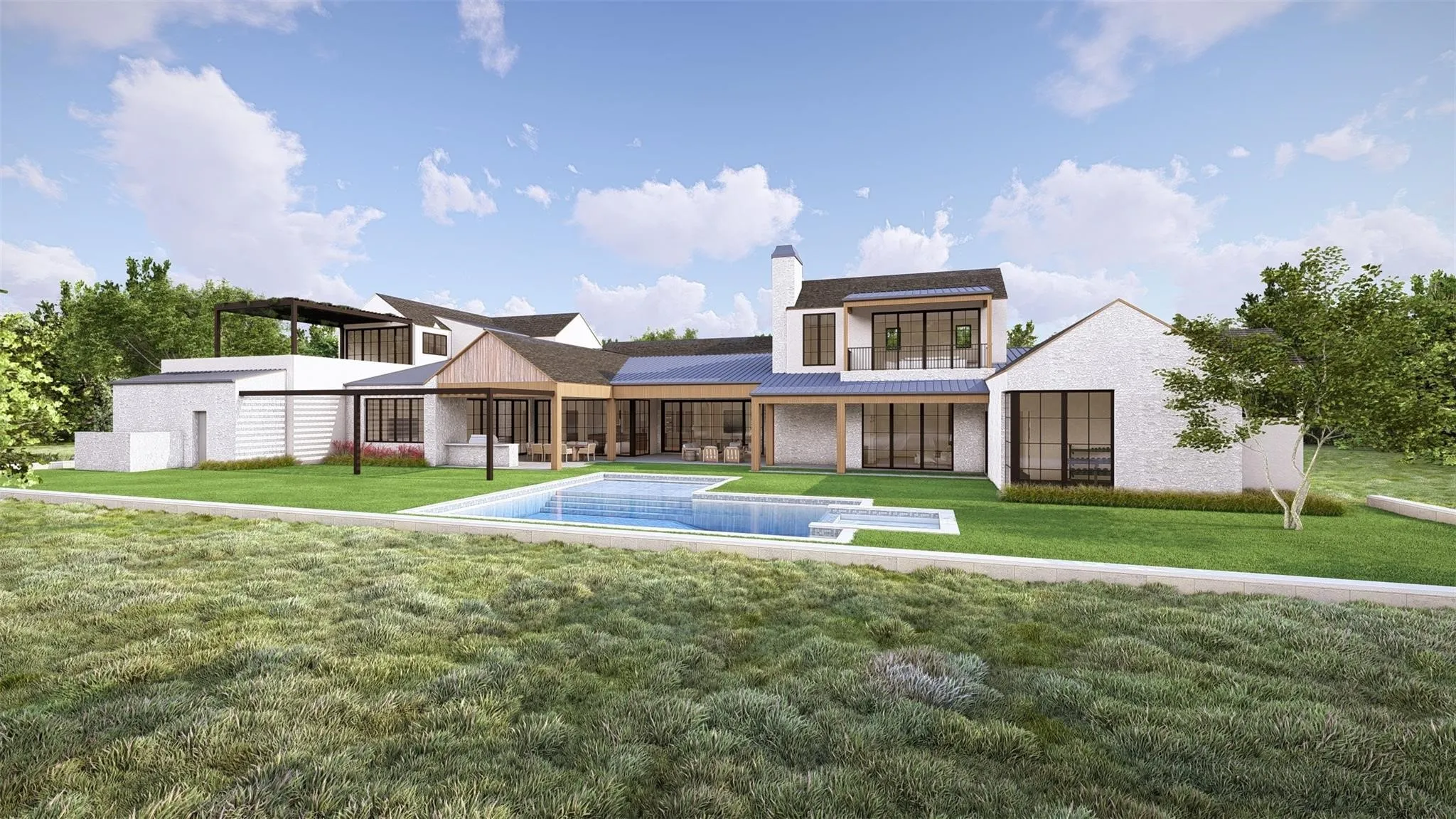 Expansive lawn surrounding a contemporary residence