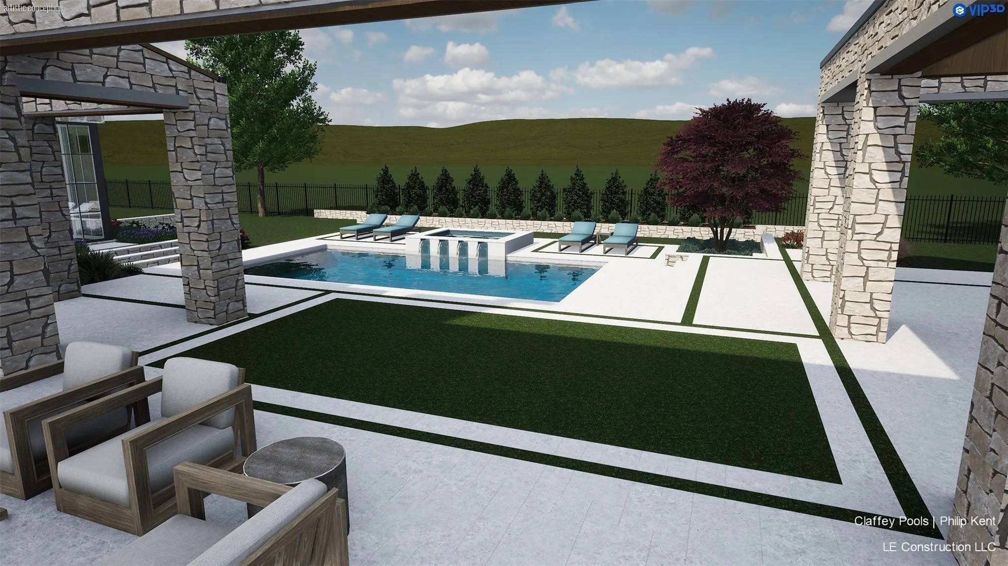 Swimming pool with integrated water feature, stone-clad structural elements, expansive paved patio, and artificial turf sections