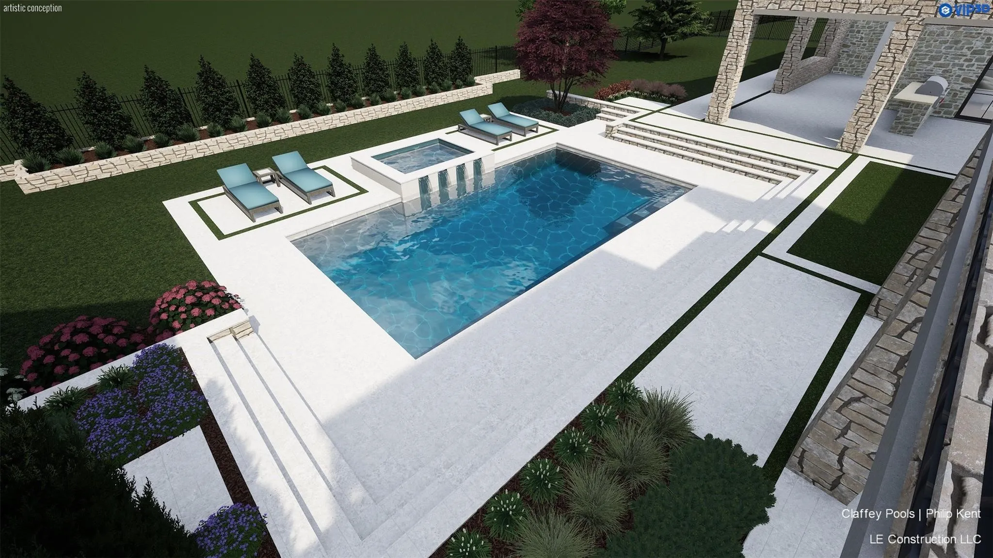Contemporary outdoor living space featuring a rectangular pool, integrated spa, extensive white hardscaping, a stone-clad patio structure, and lush landscaping