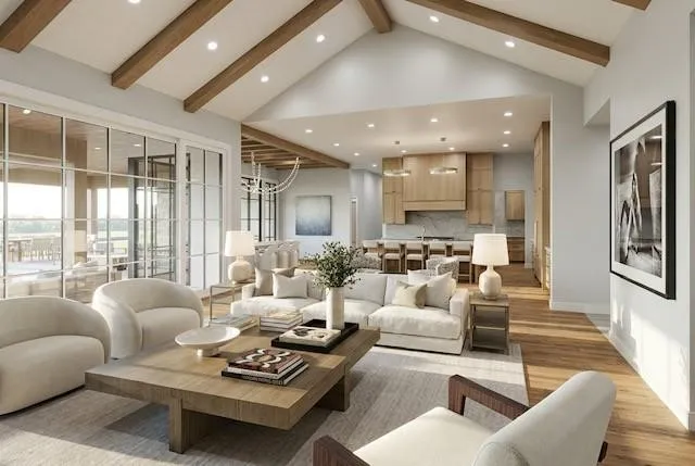 Vaulted ceiling with exposed wood beams, recessed lighting, expansive glass doors, and wood-finish flooring