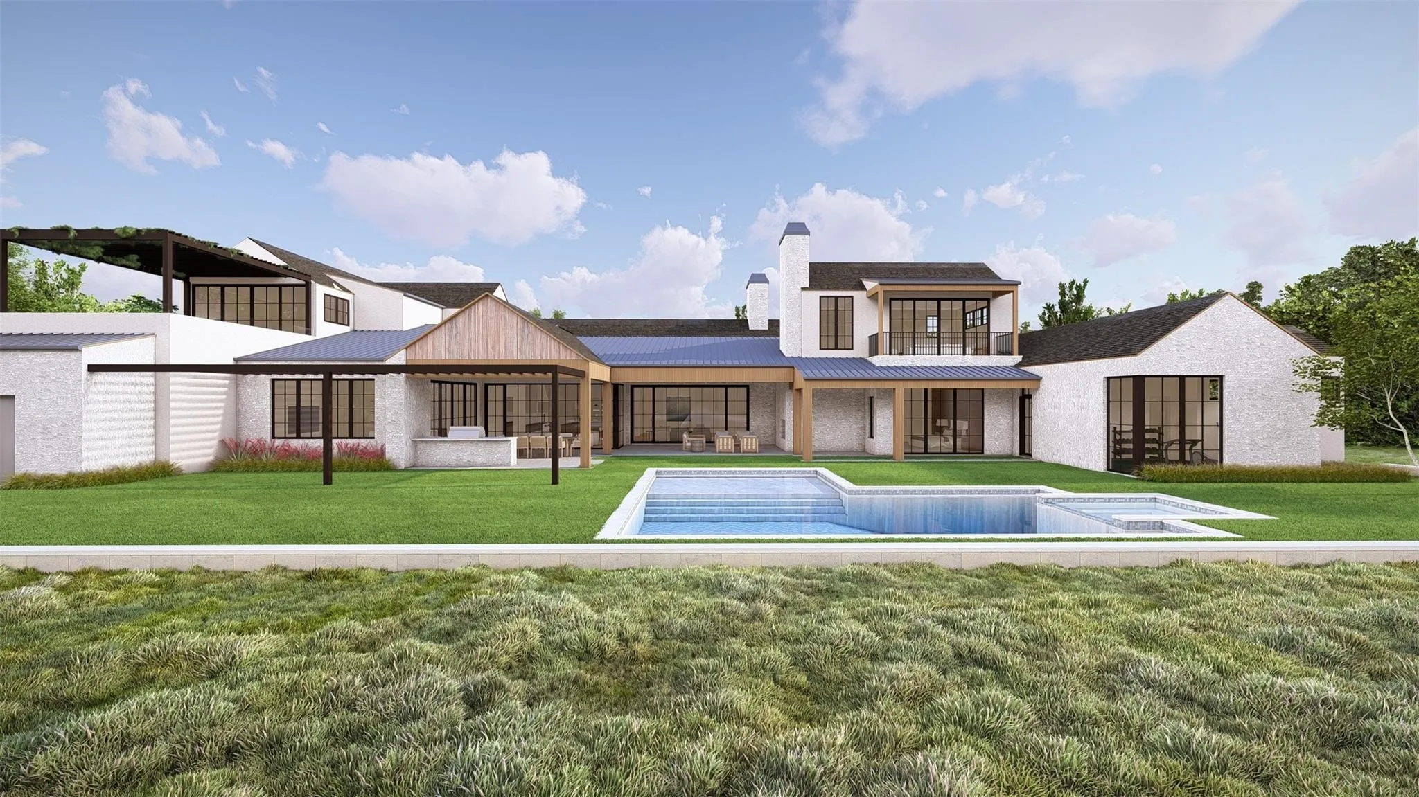 Contemporary architecture featuring white brick veneer, multiple pergolas, extensive glazing, a built-in swimming pool, and a raised spa