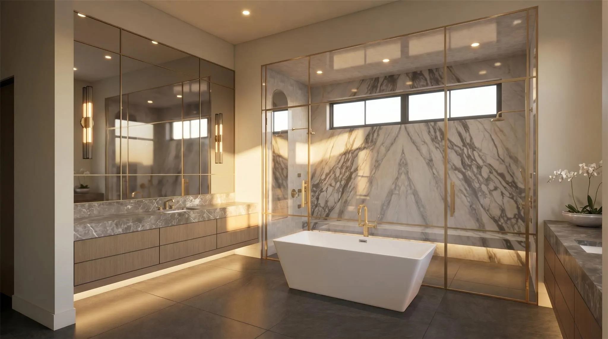 Dual vanity with integrated sinks and stone countertops